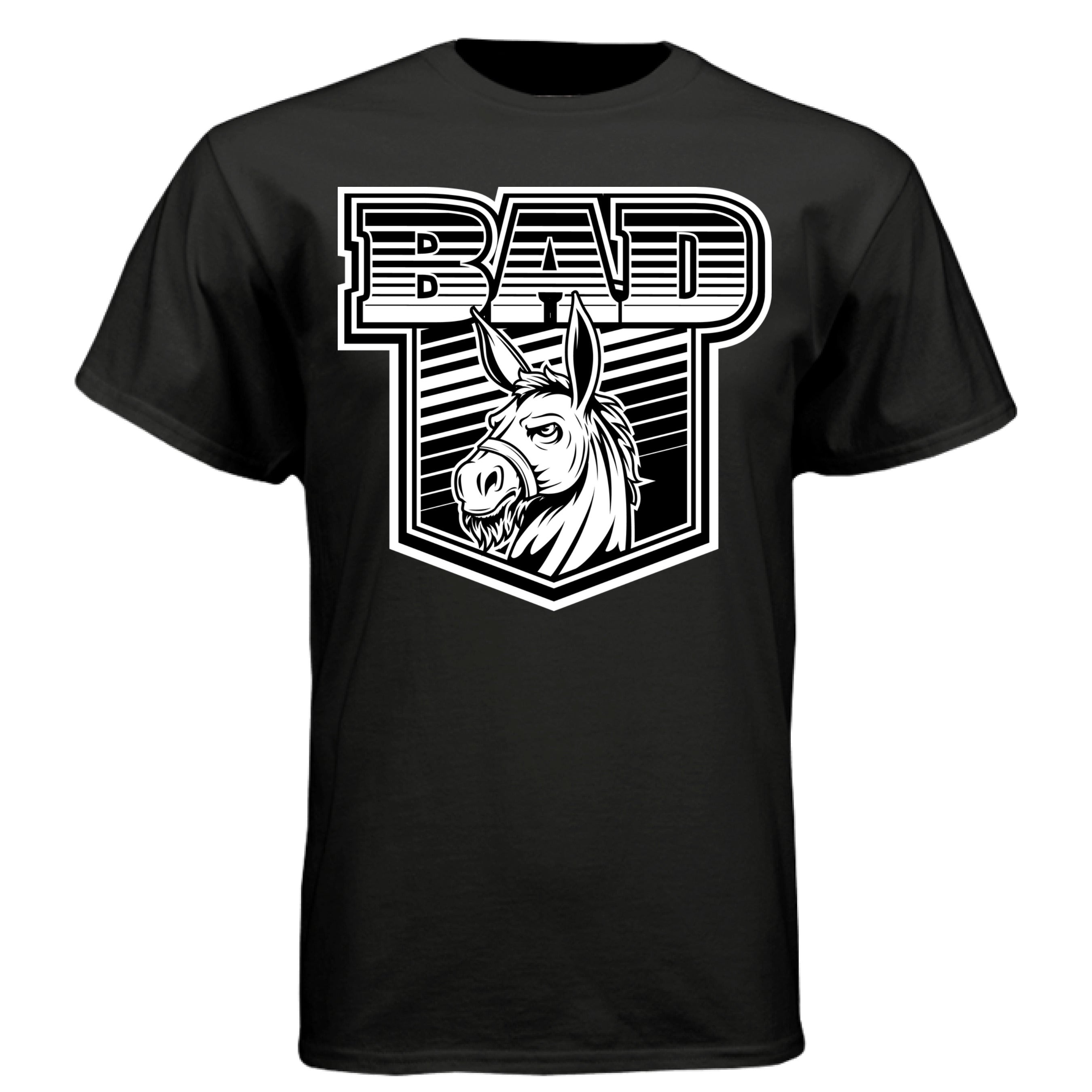 Bad Ass Bearded Donkey illustration on a black tee shirt with bold lettering and a fierce donkey design.