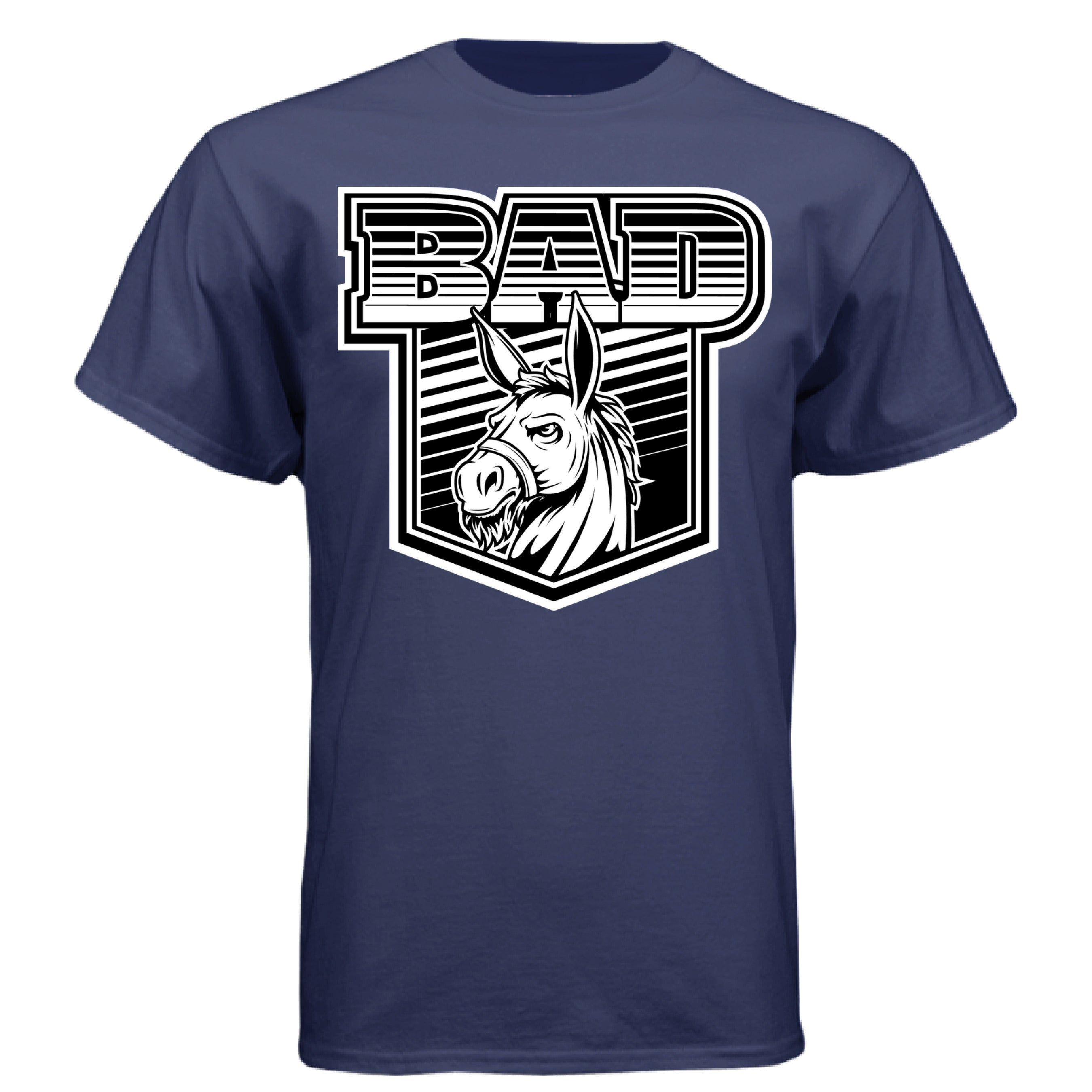 Bad Ass Bearded Donkey illustration on navy tee shirt showcasing a fierce donkey design with bold lettering.