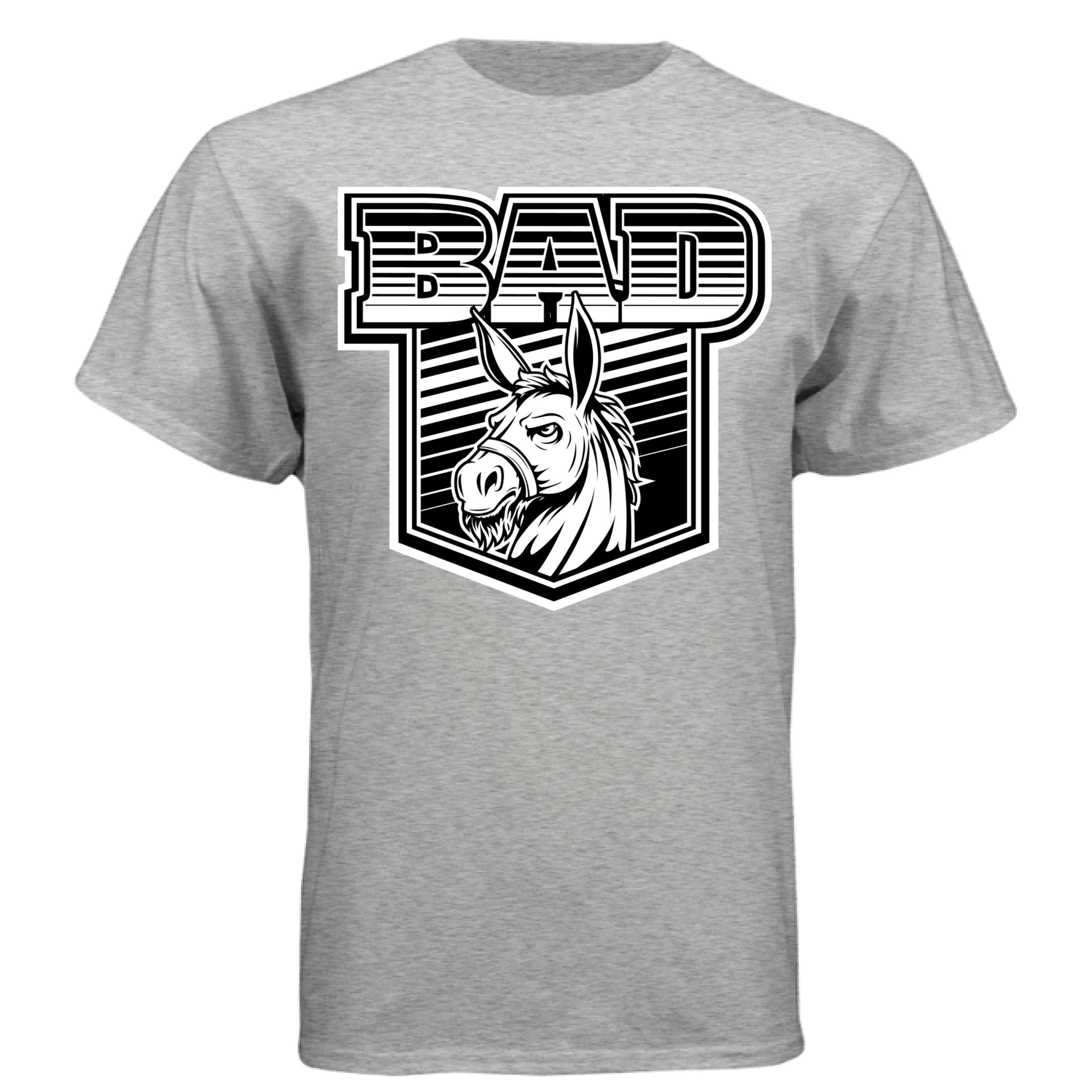 Bad Ass Bearded Donkey illustration on gray tee shirt featuring bold design and edgy lettering.
