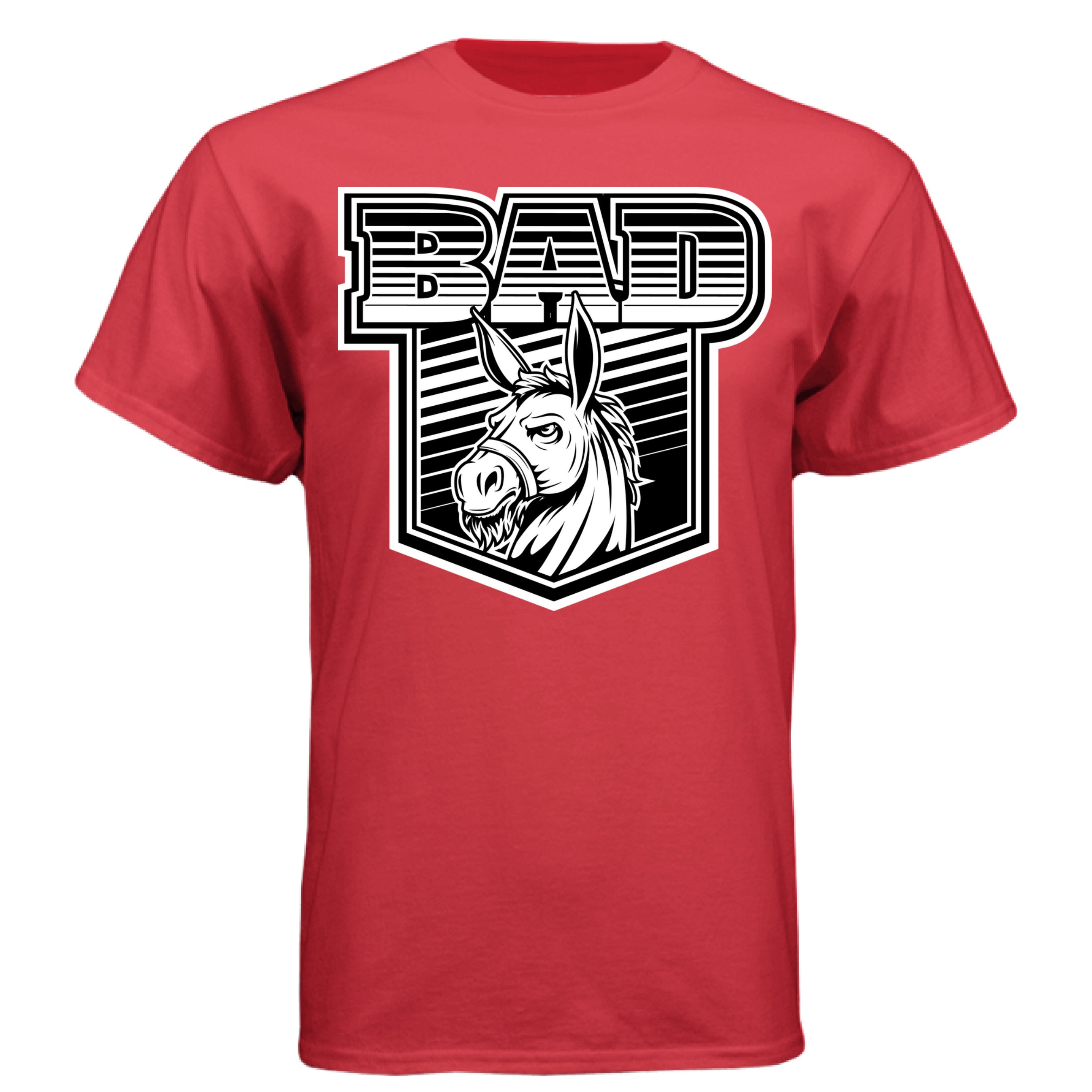Bad Ass Bearded Donkey illustration on a red tee shirt showcasing a fierce donkey design with bold lettering.