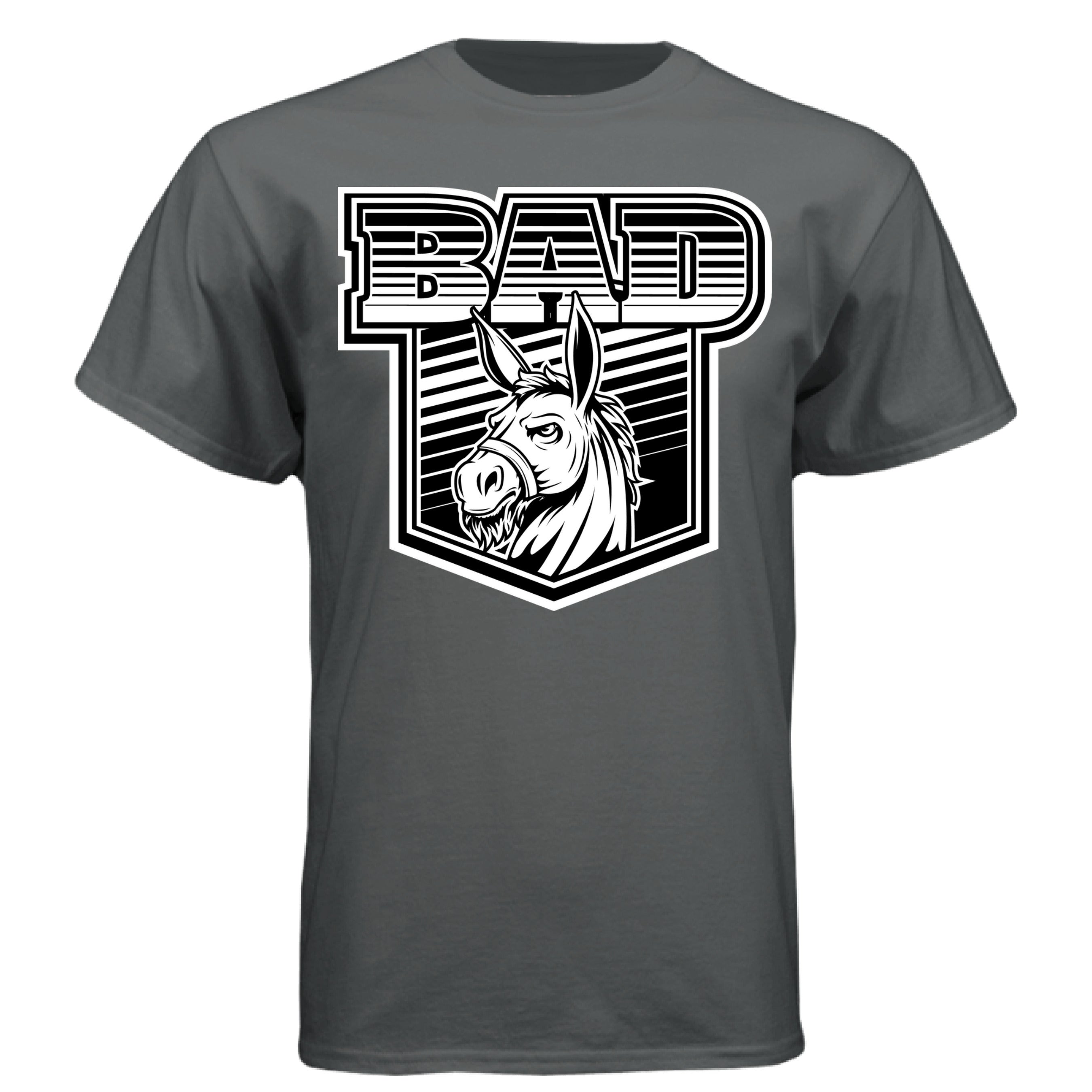 Bad Ass Bearded Donkey illustration on a gray tee shirt with bold graphics and strong lines.