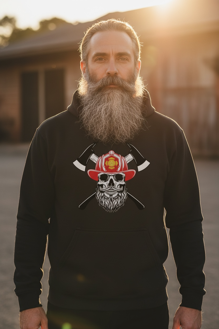 Bearded Fireman Skull Hoodie For Firefighter Withs Beards