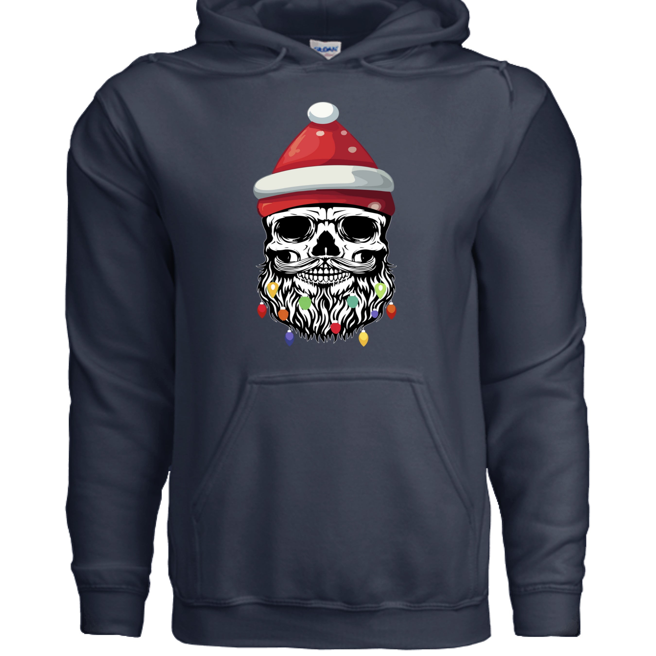 Bearded Skull Christmas Hoodie Design Festive Beard Art with Holiday Lights NAVY - FRONT