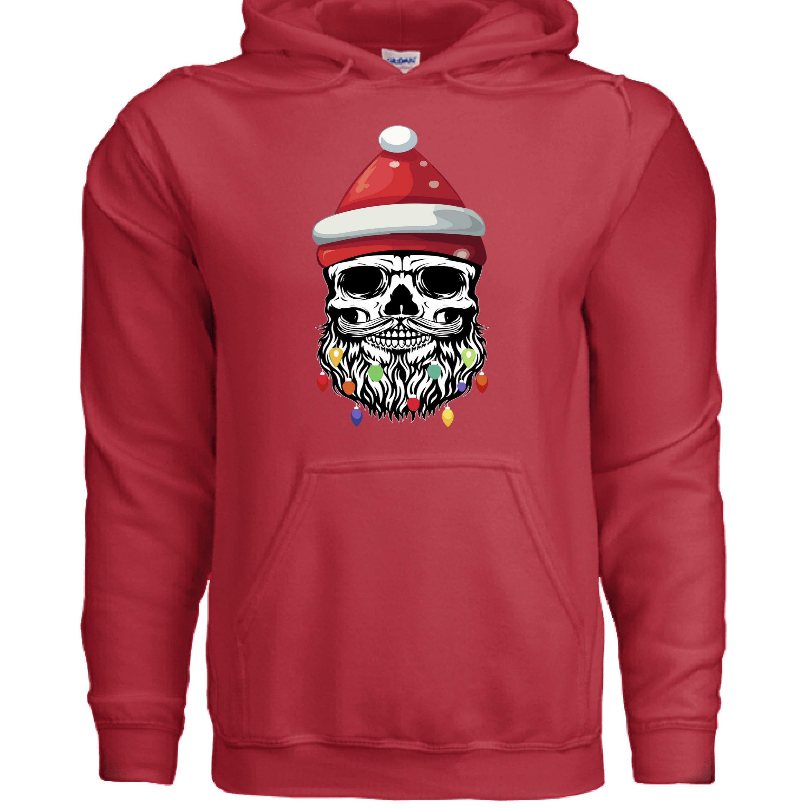 Bearded Skull Christmas Hoodie Design Festive Beard Art with Holiday Lights RED - FRONT