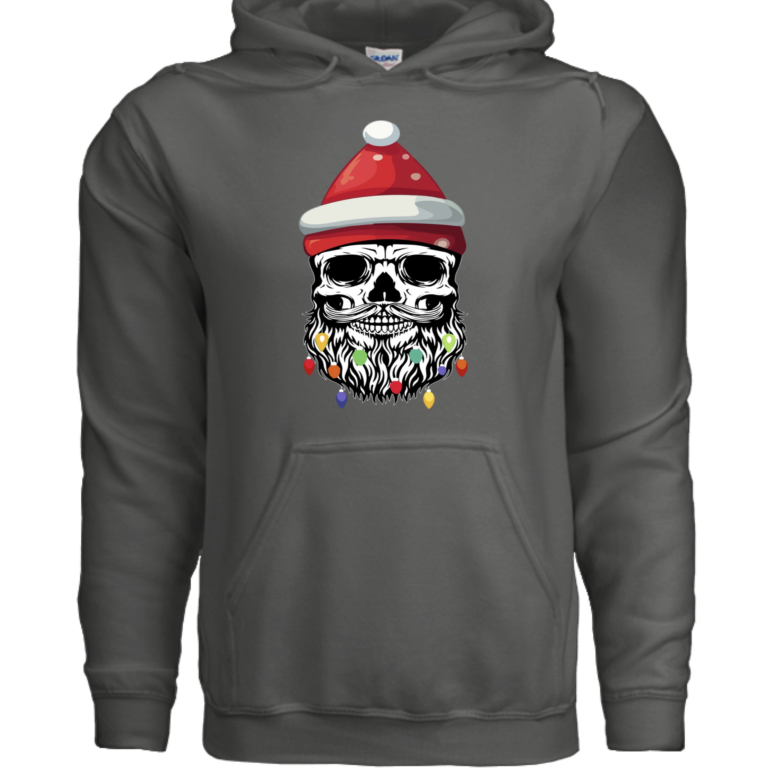 Bearded Skull Christmas Hoodie Design Festive Beard Art with Holiday Lights CHARCOAL - FRONT