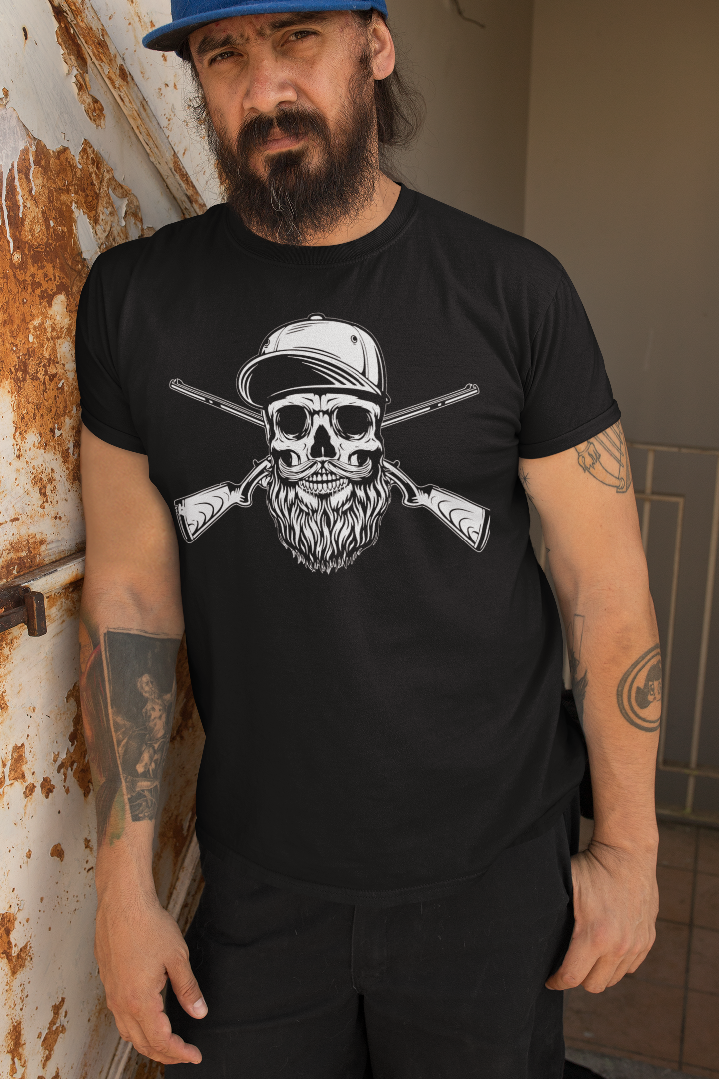 Bearded Skull Hunter with Crossed Shotguns Bold Vintage Beard Art for Fearless Souls
