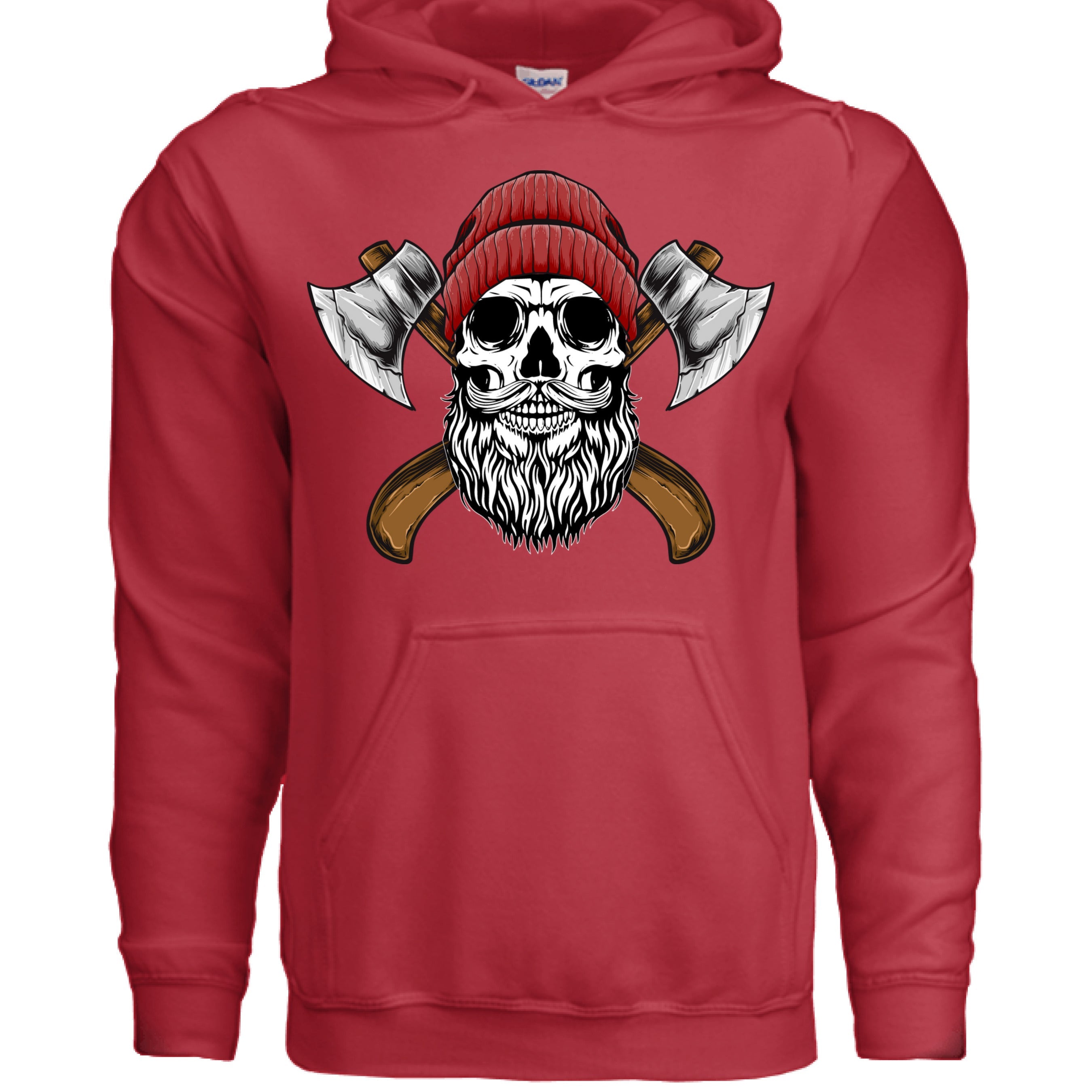 Bearded Skull Lumberjack Hoodie with Axes Art Design RED - FRONT