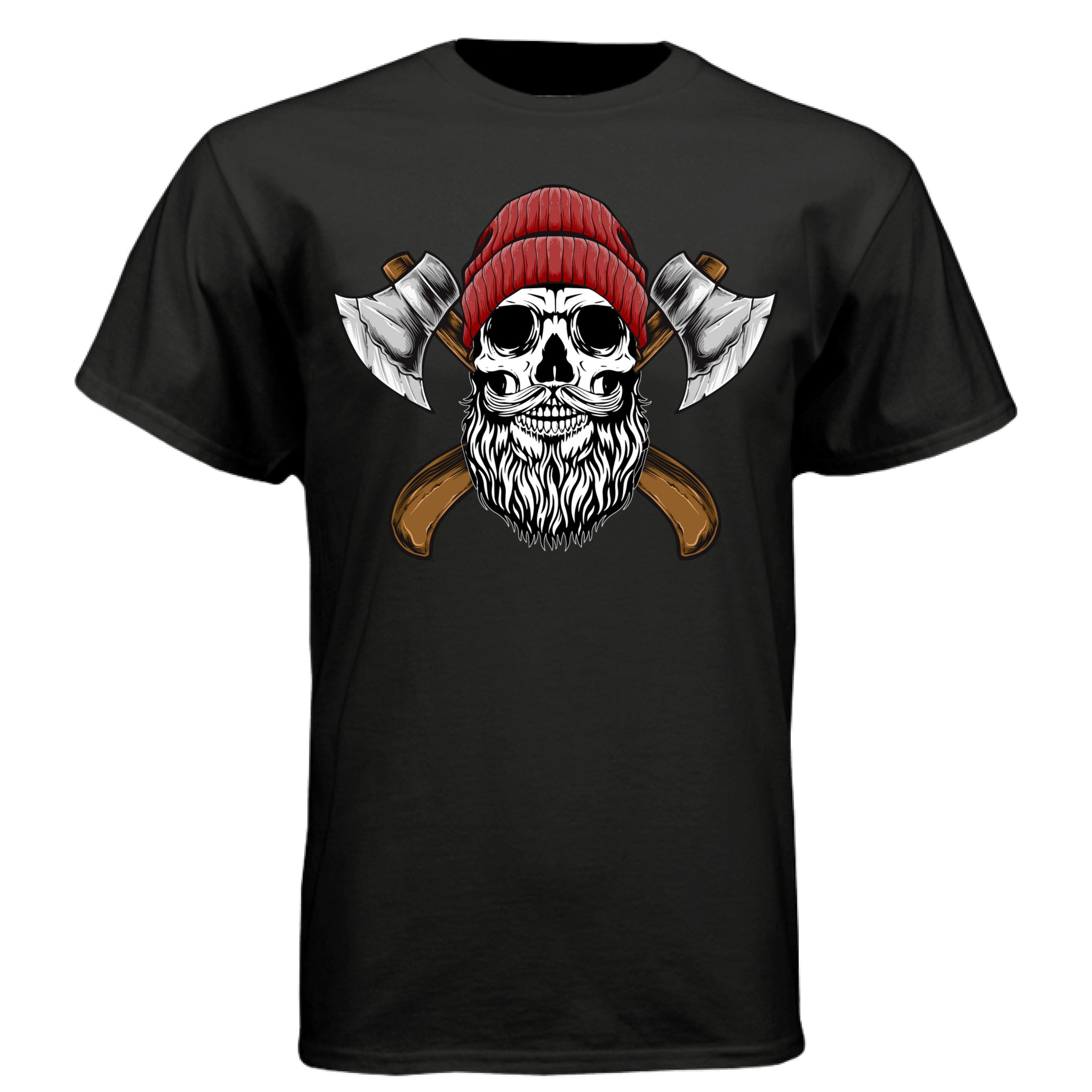 Bearded Skull Tee Shirt with Axes Lumberjack Art Design BLACK - FRONT