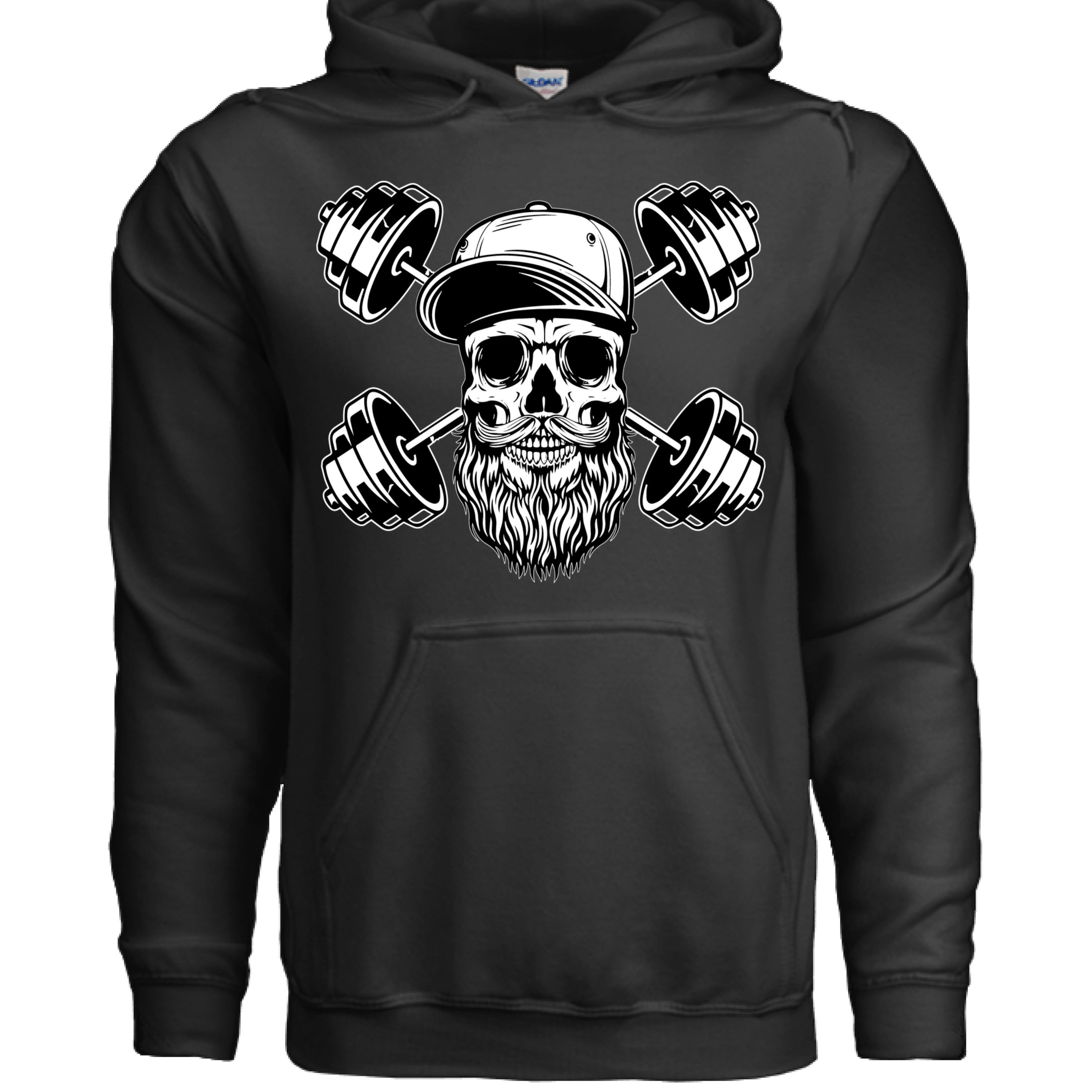 Bearded Skull with Dumbbells Fitness and Strength Beard Workout Hoodie BLACK - FRONT