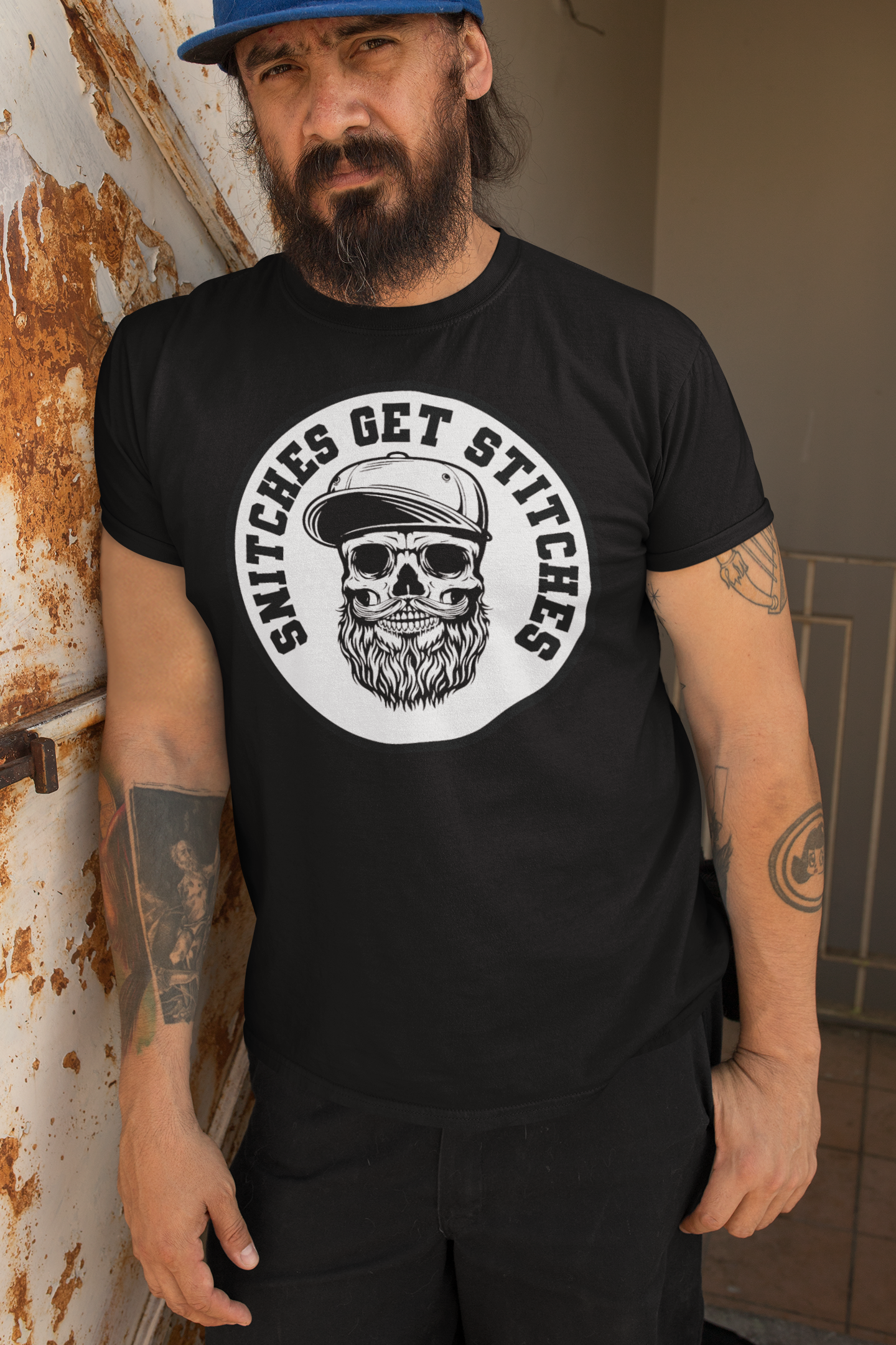 Bearded Snitches Get Stitches Skull Beard Graphic T-Shirt with Streetwise Attitude