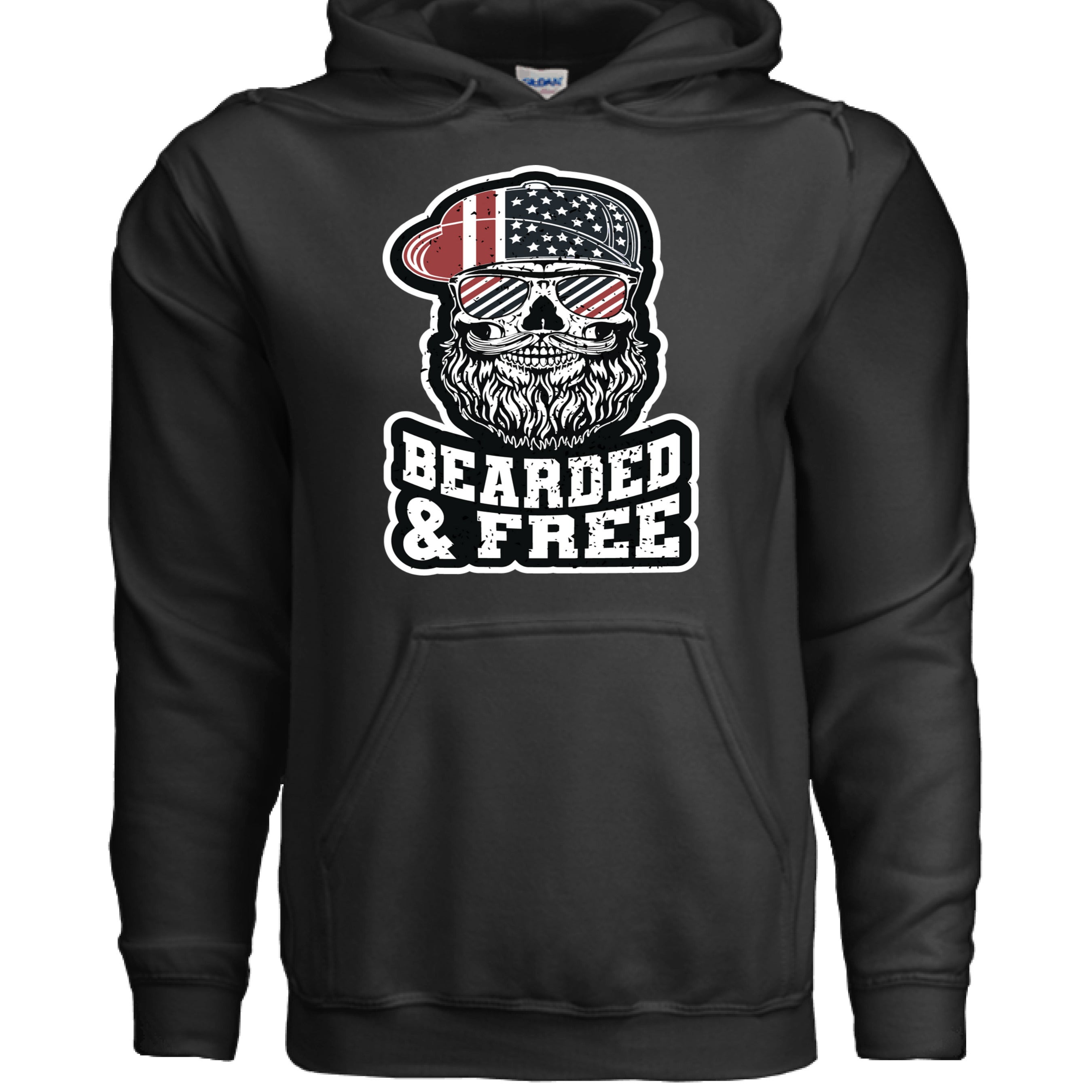 Bearded and Free Skull Hoodie Design Vintage Patriotic Beard BLACK - FRONT