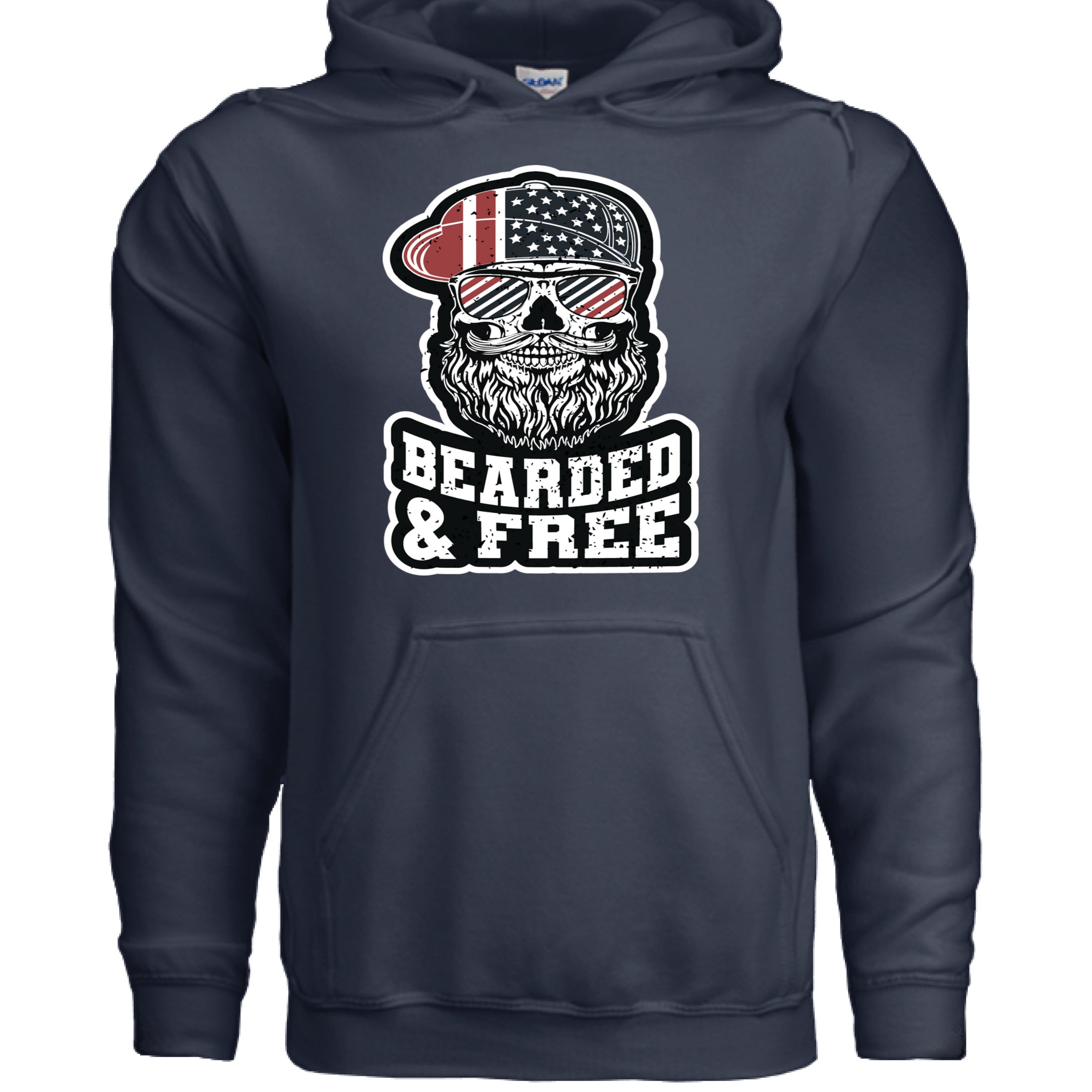 Bearded and Free Skull Hoodie Design Vintage Patriotic Beard NAVY - FRONT