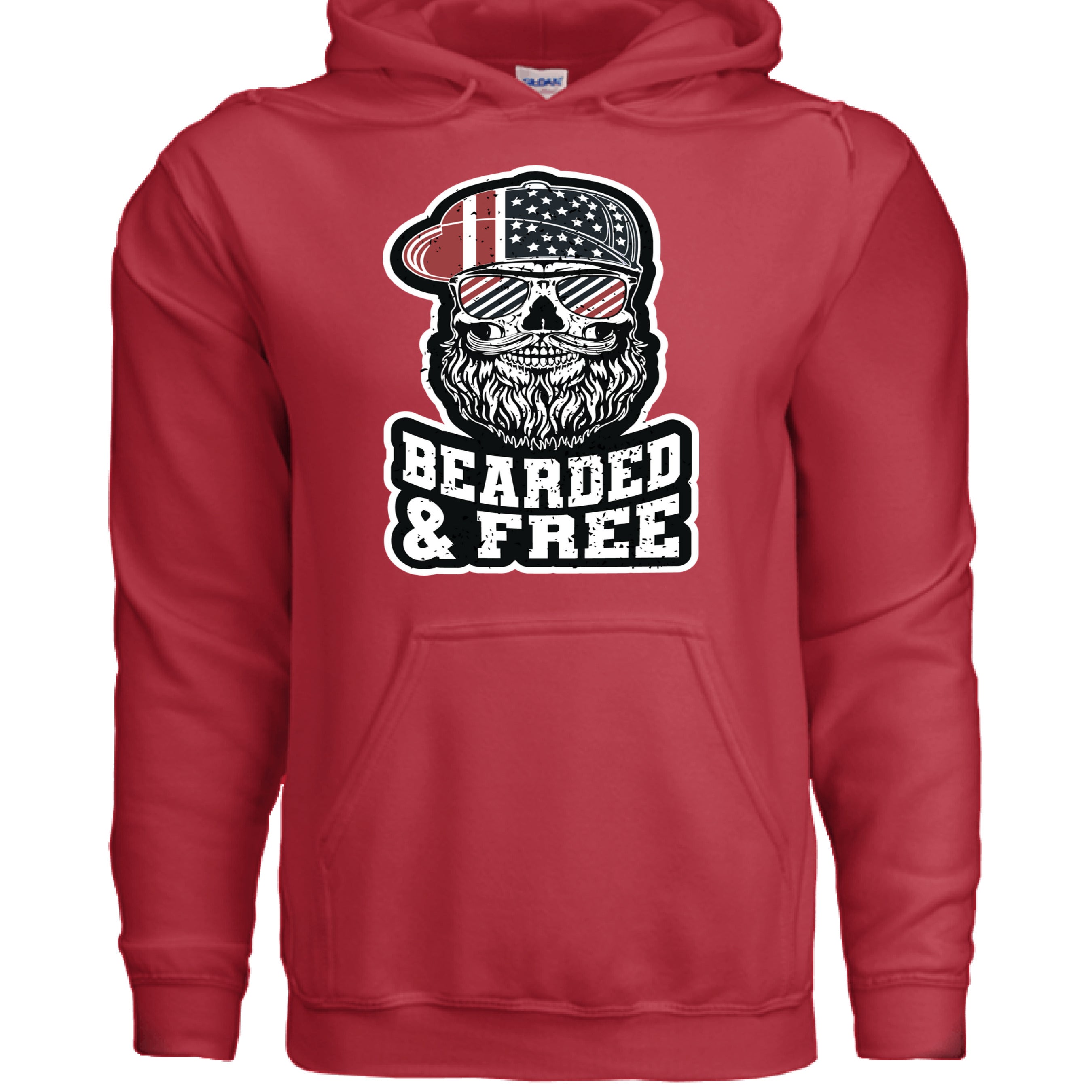 Bearded and Free Skull Hoodie Design Vintage Patriotic Beard RED - FRONT