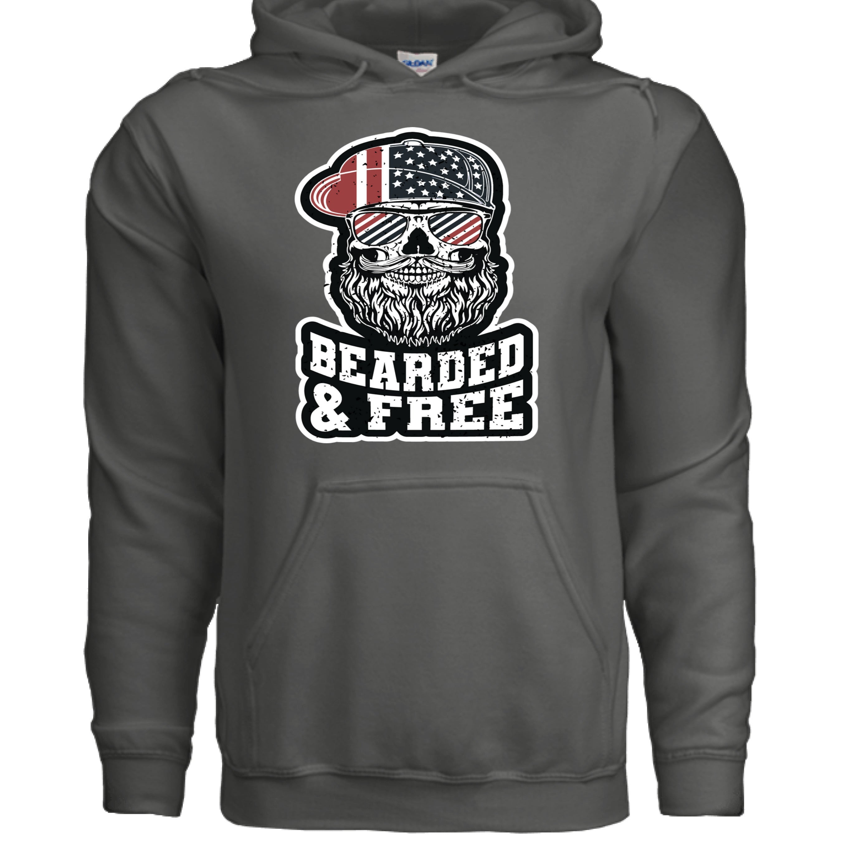 Bearded and Free Skull Hoodie Design Vintage Patriotic Beard CHARCOAL - FRONT