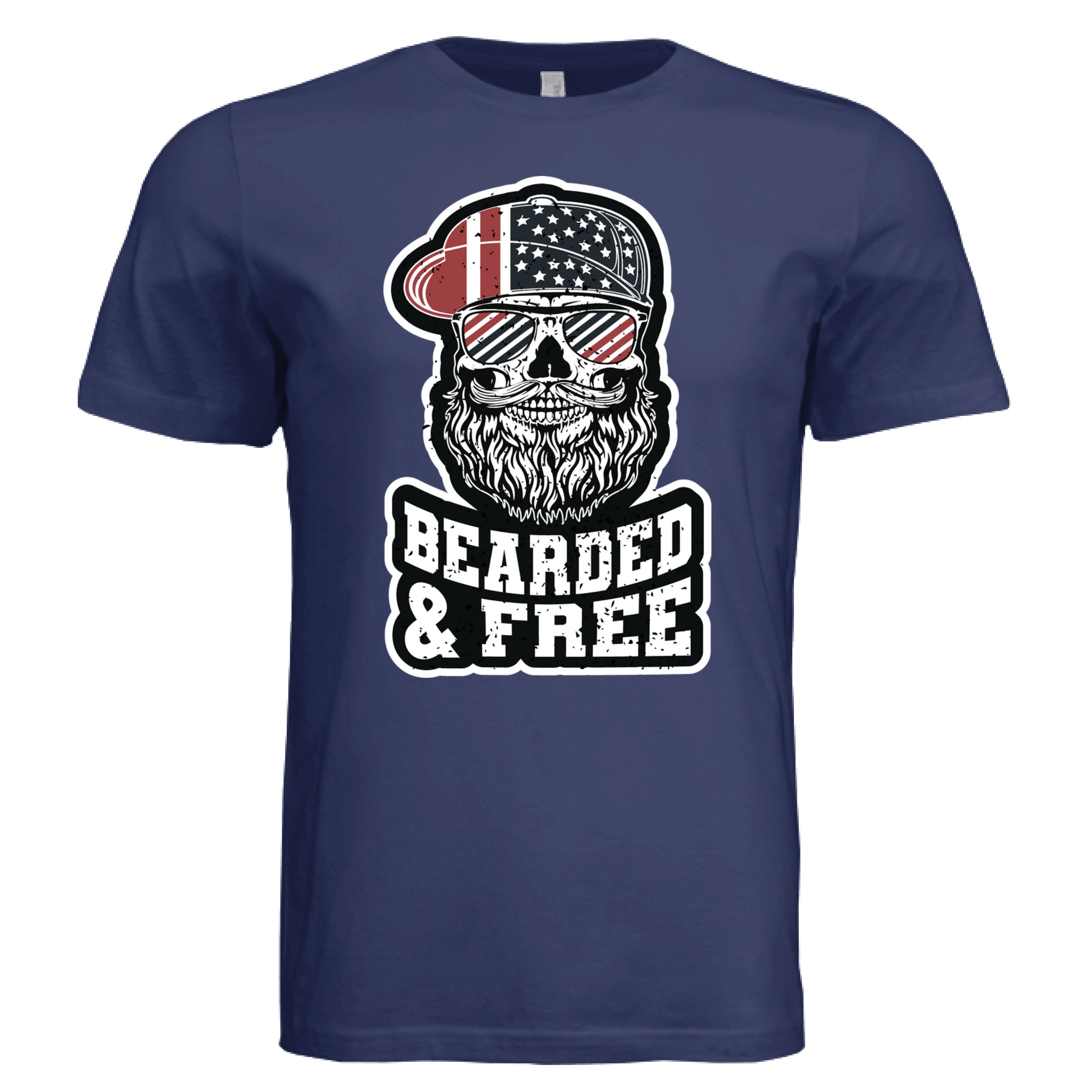 Bearded and Free Skull T-Shirt Design Vintage Patriotic Beard Art NAVY - FRONT