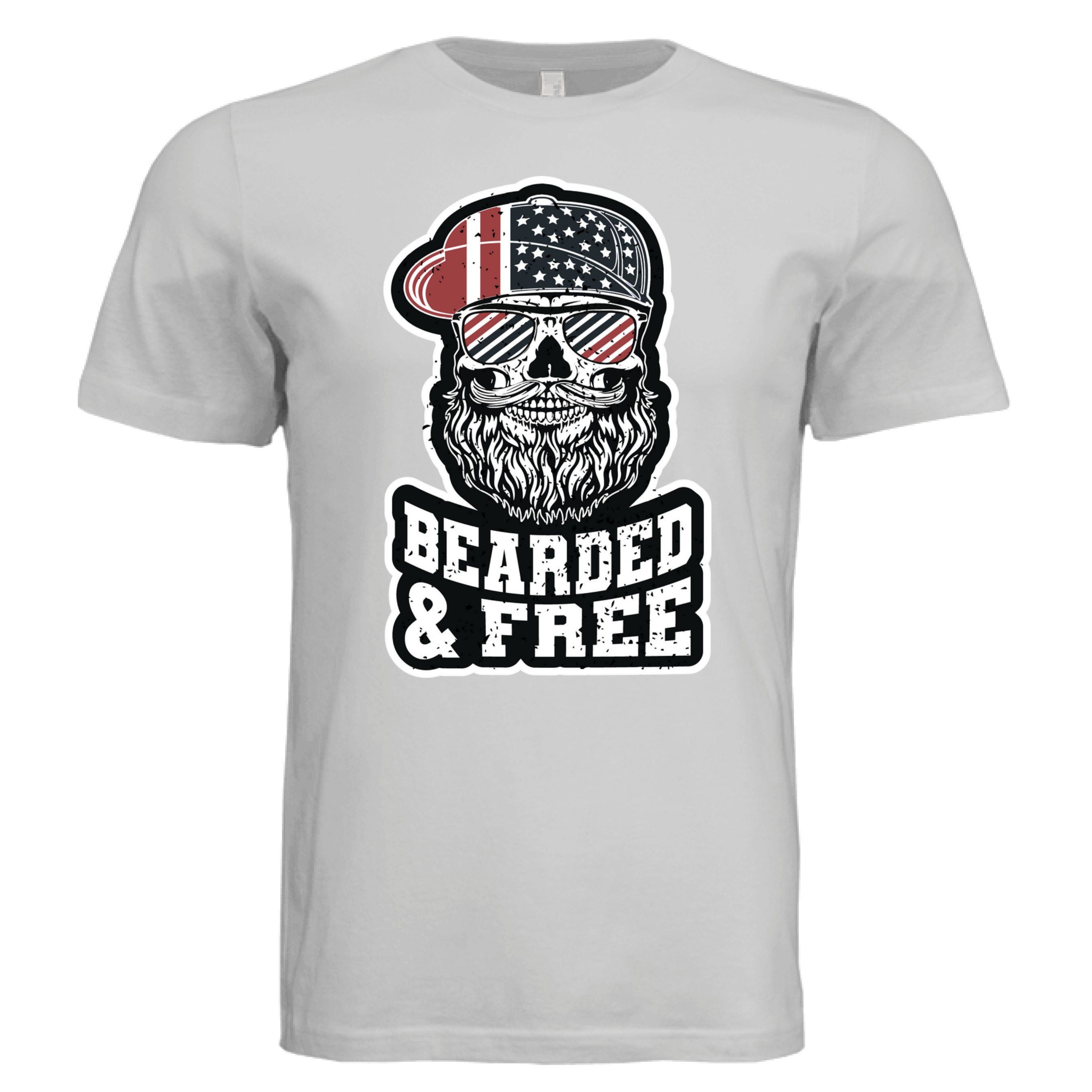 Bearded and Free Skull T-Shirt Design Vintage Patriotic Beard Art SILVER - FRONT