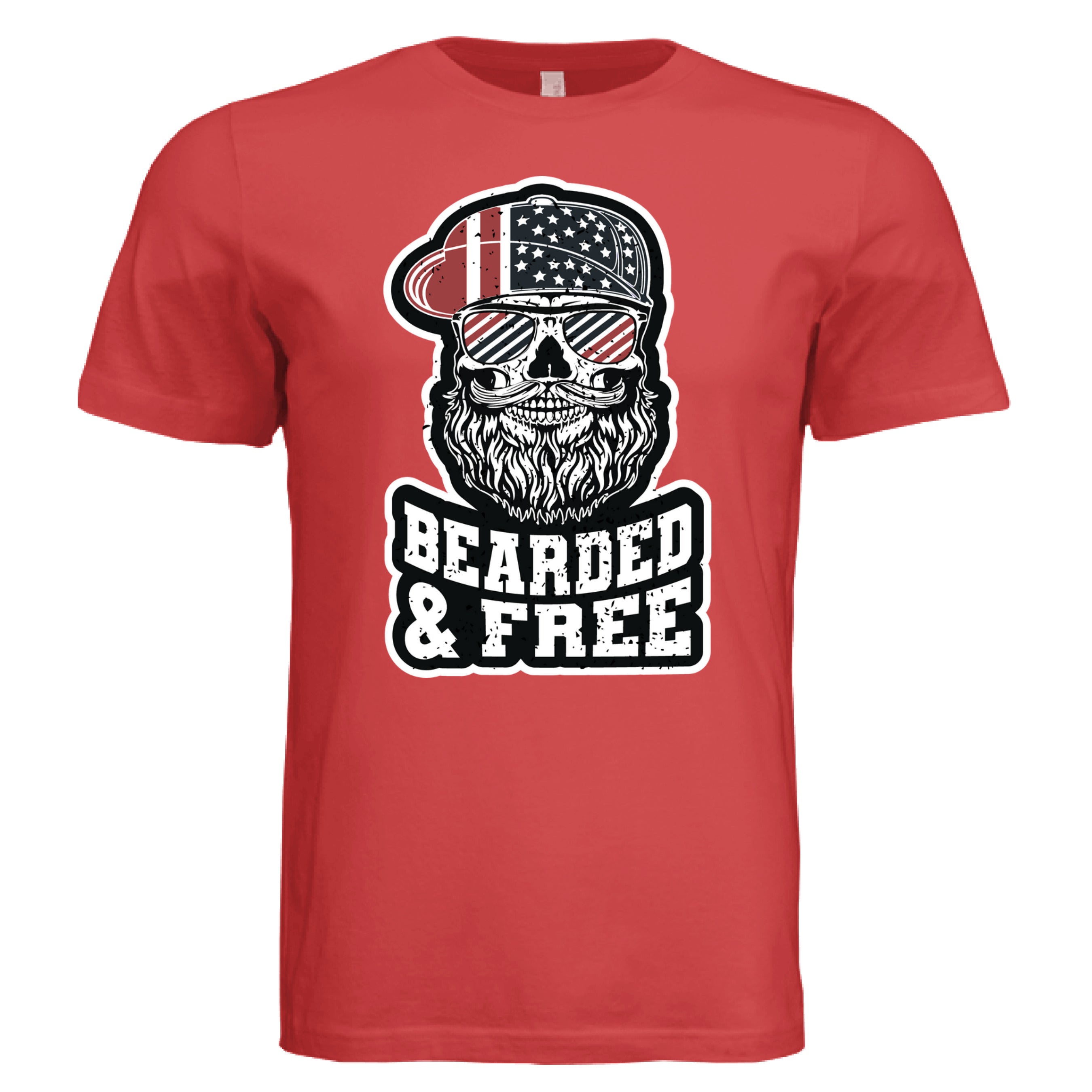 Bearded and Free Skull T-Shirt Design Vintage Patriotic Beard Art RED - FRONT
