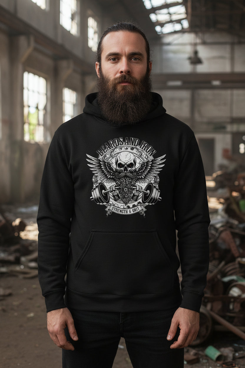 Beards and Iron Strength & Grit Hoodie Bearded Skull Lifting