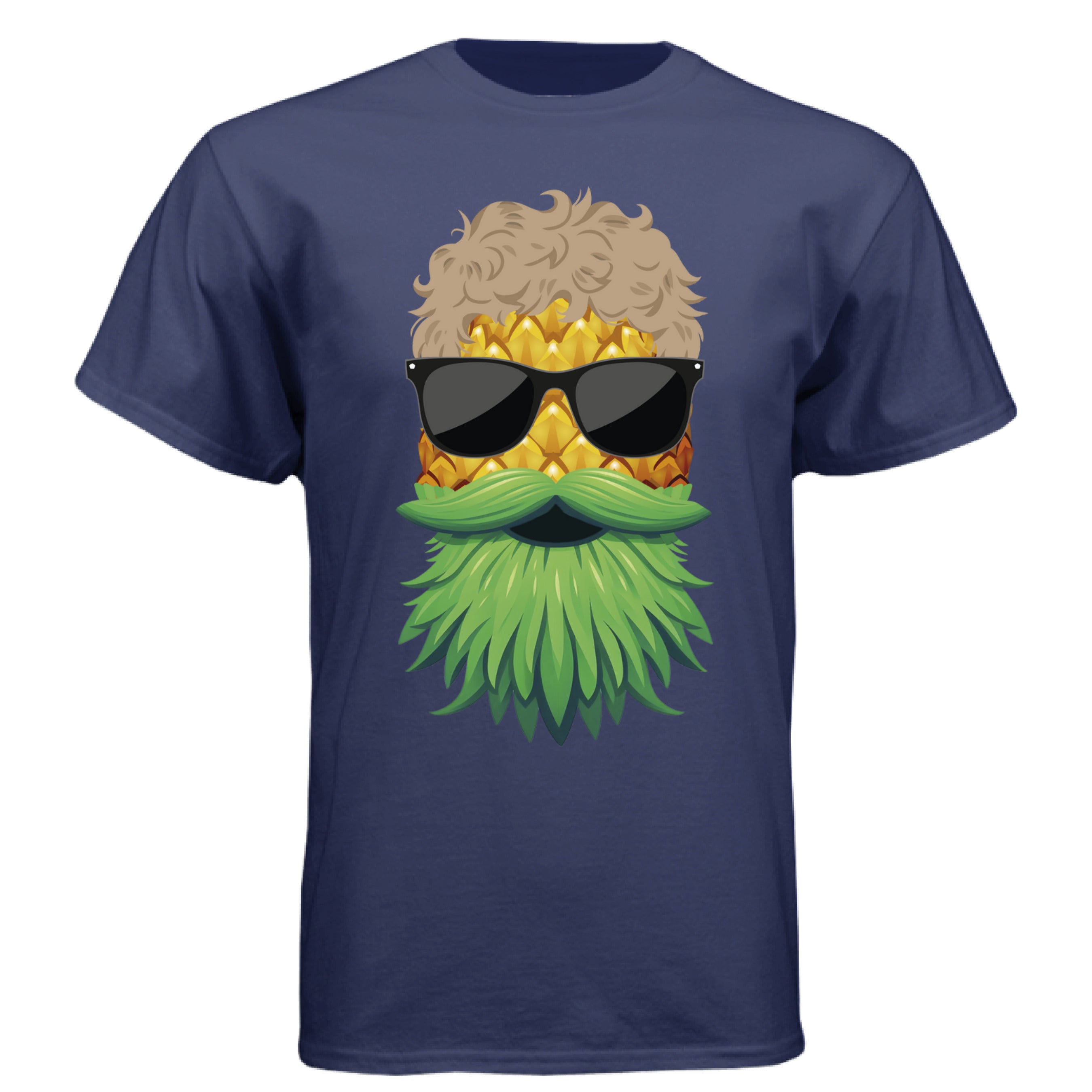 Cool Pineapple Dude Tee Shirt Tropical Bearded Design with Shades NAVY - FRONT