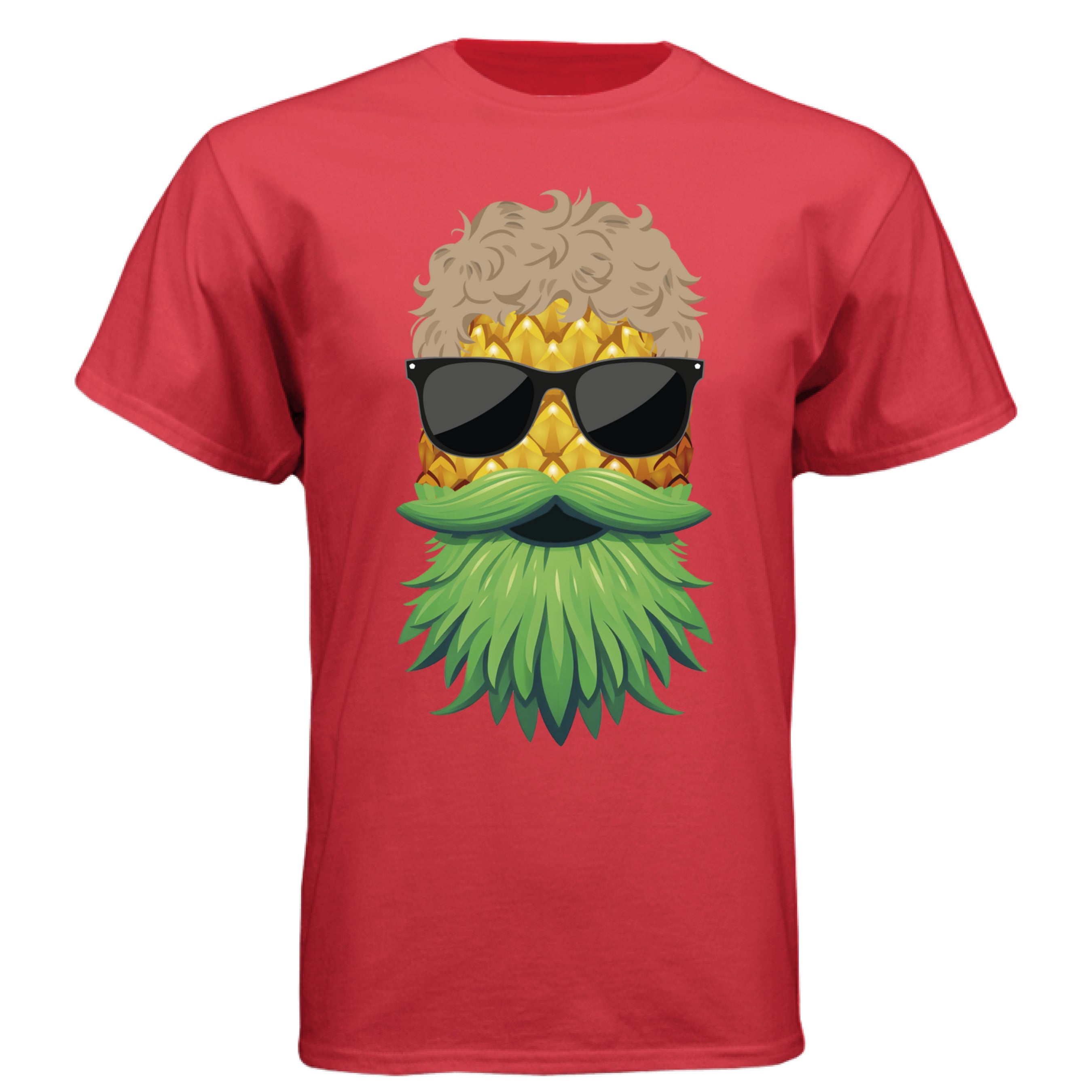 Cool Pineapple Dude Tee Shirt Tropical Bearded Design with Shades DEEP RED - FRONT