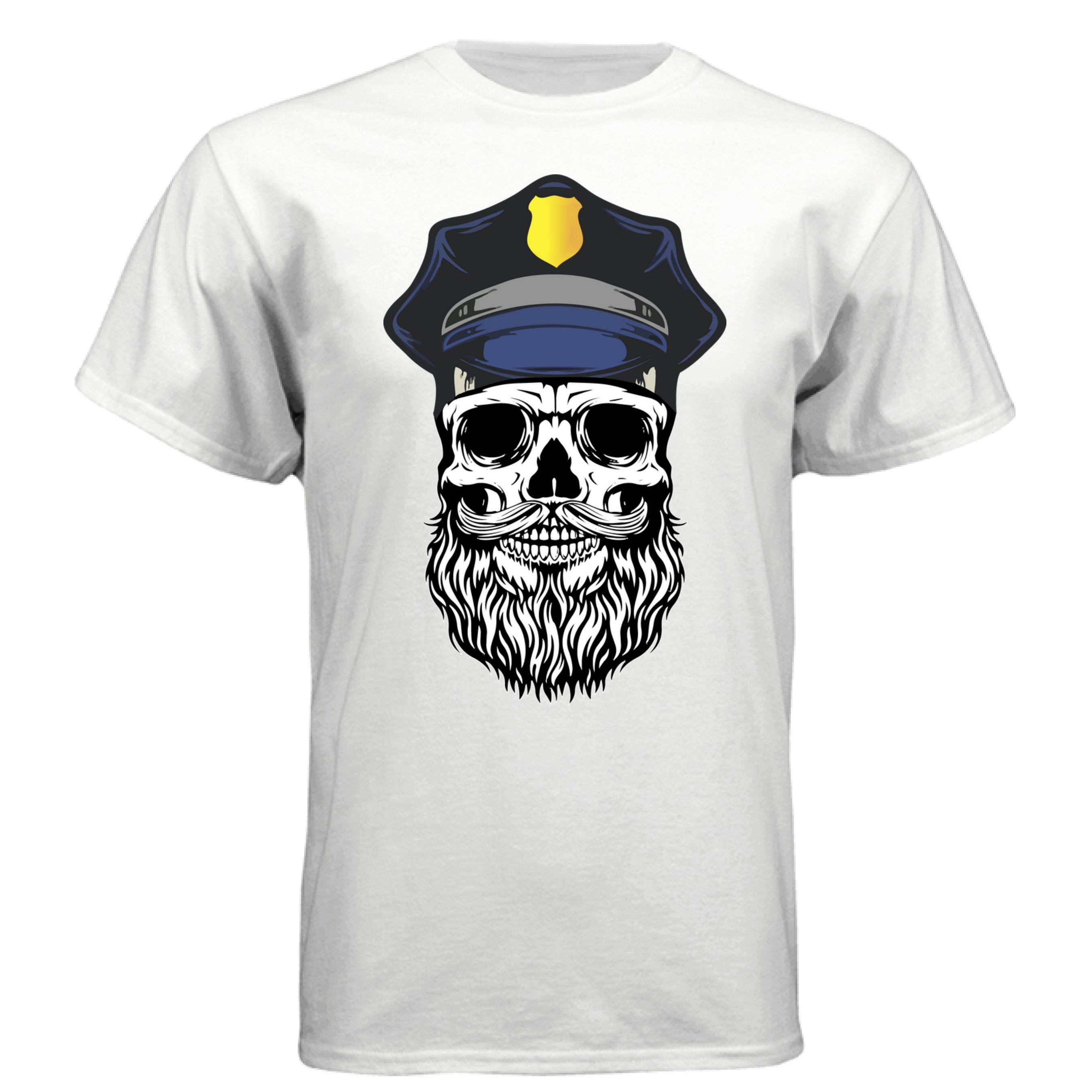 Bearded Cop Skull Police on a white t-shirt featuring a skull with a beard wearing a police hat.