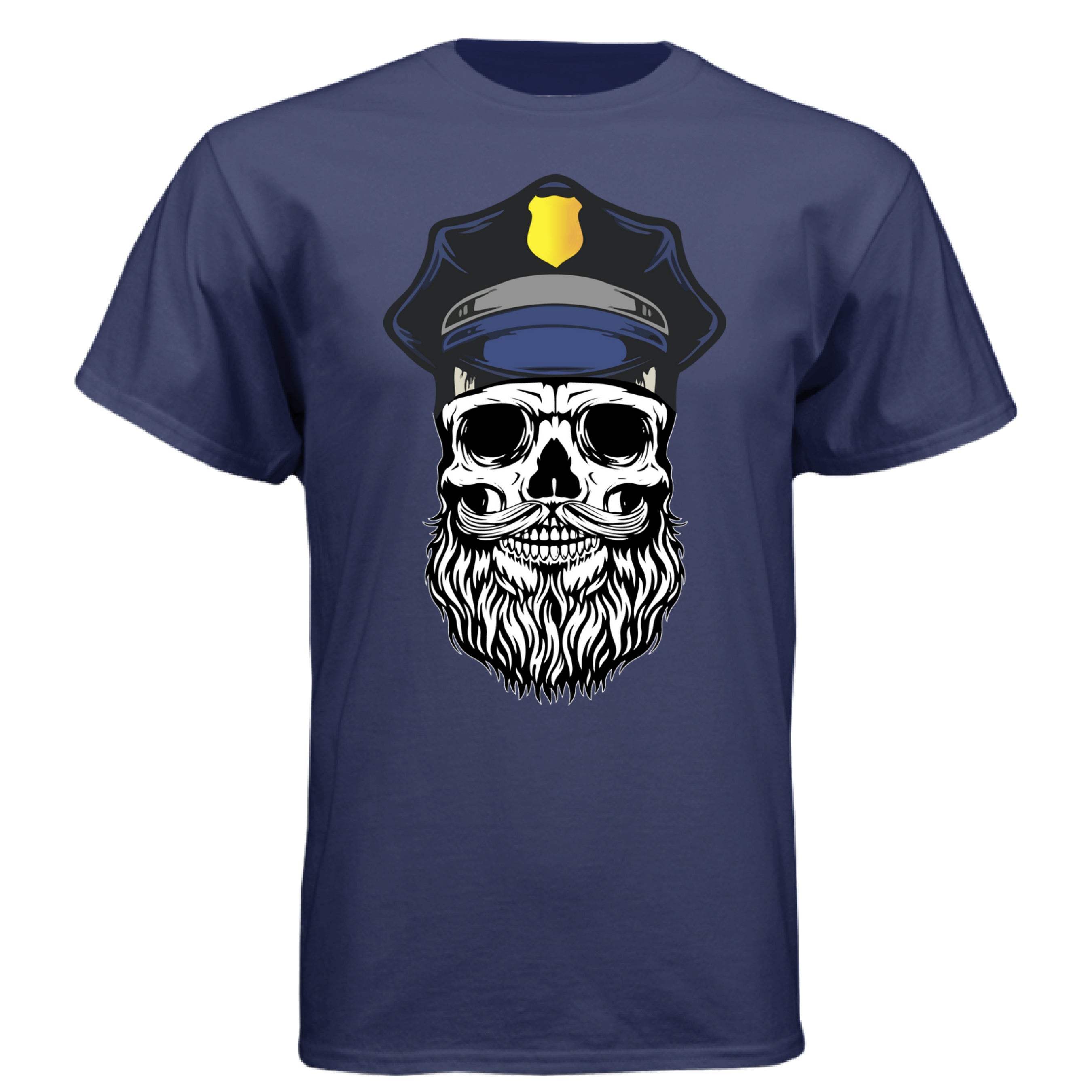 Bearded Cop Skull Police design on navy t-shirt featuring a skull with a beard and police officer's hat.