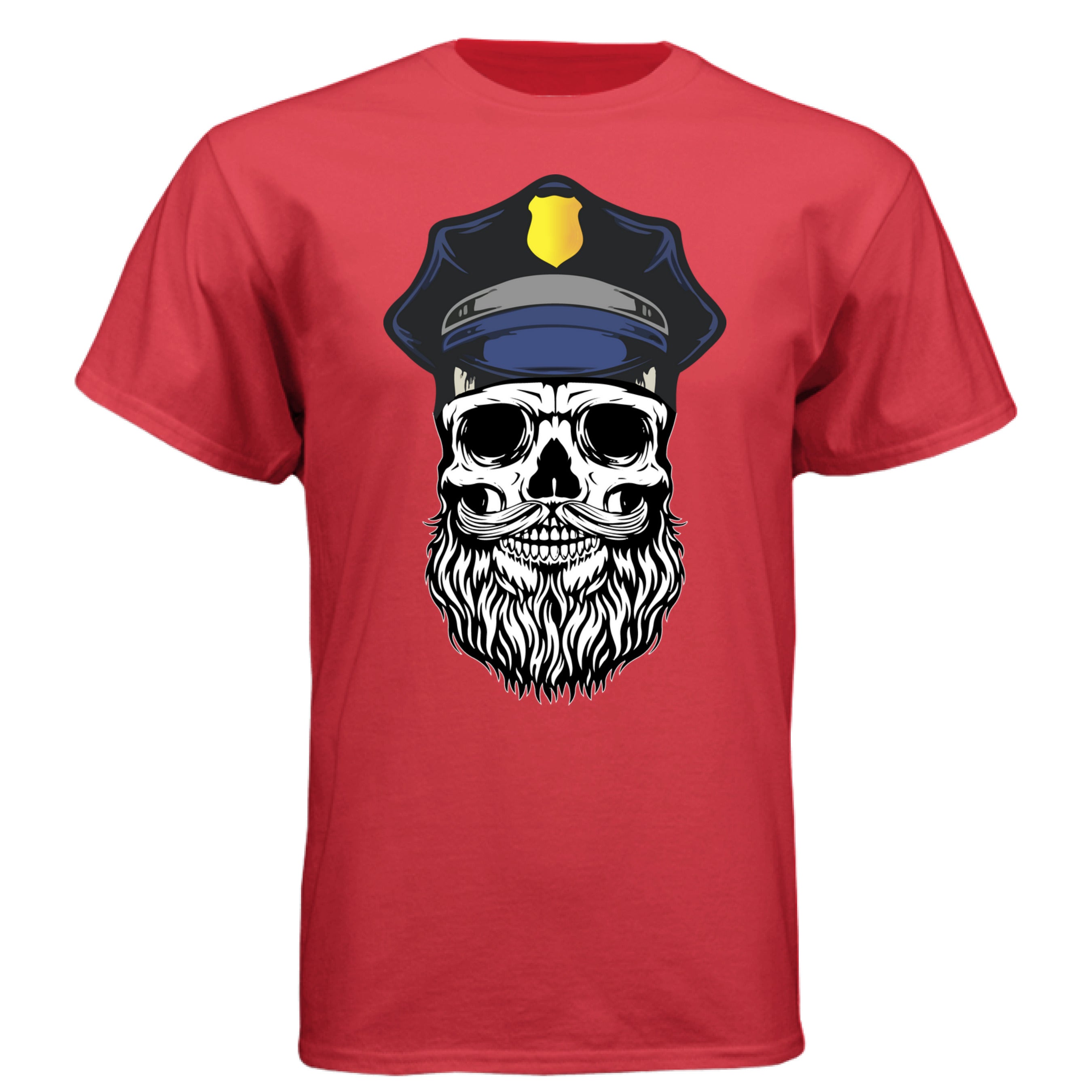 Bearded Cop Skull Police design on a red t-shirt featuring a skull with a beard and police officer hat.