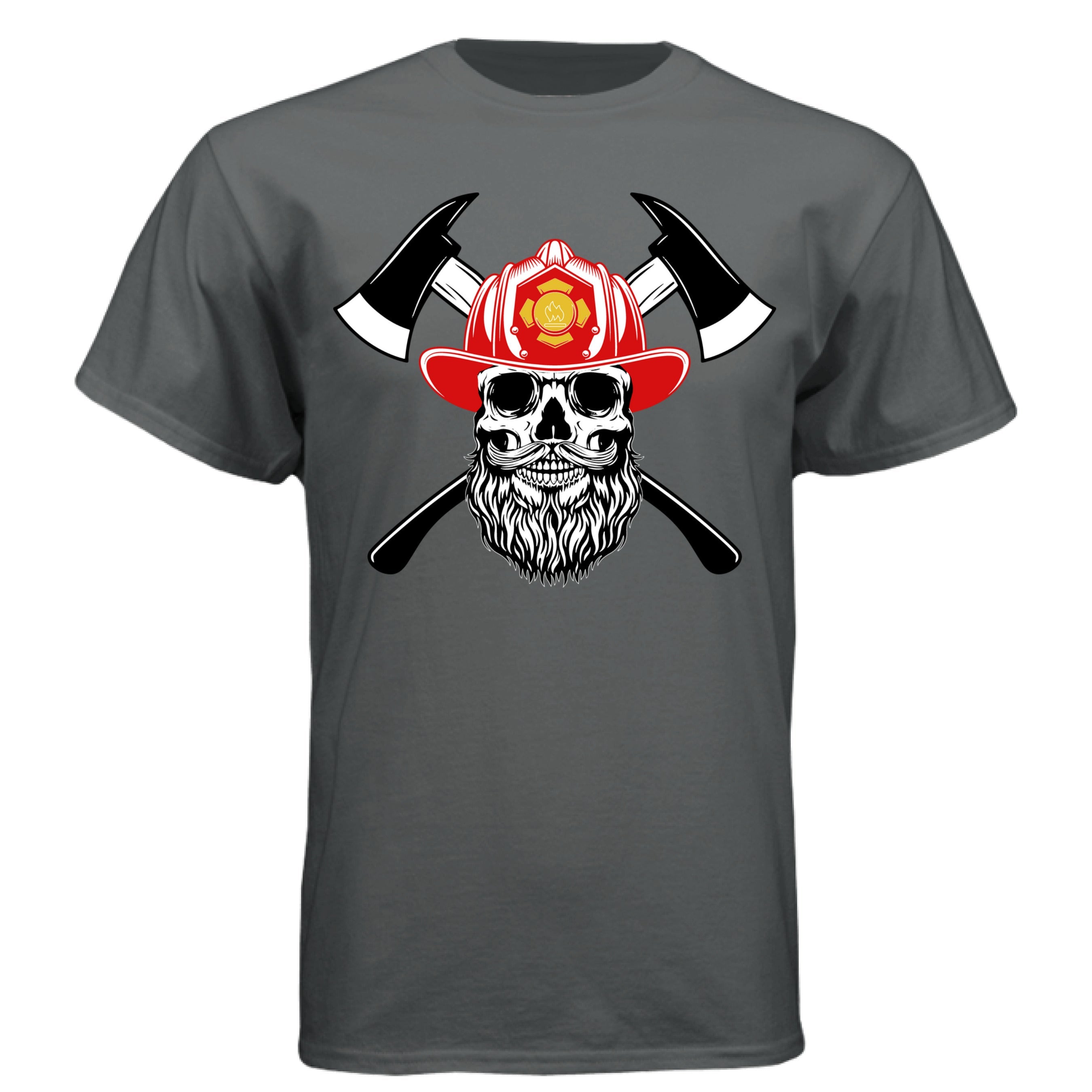 Firefighter Skull with Bearded Helmet Axes Art Tee Shirt Design CHARCOAL HEATHER - FRONT
