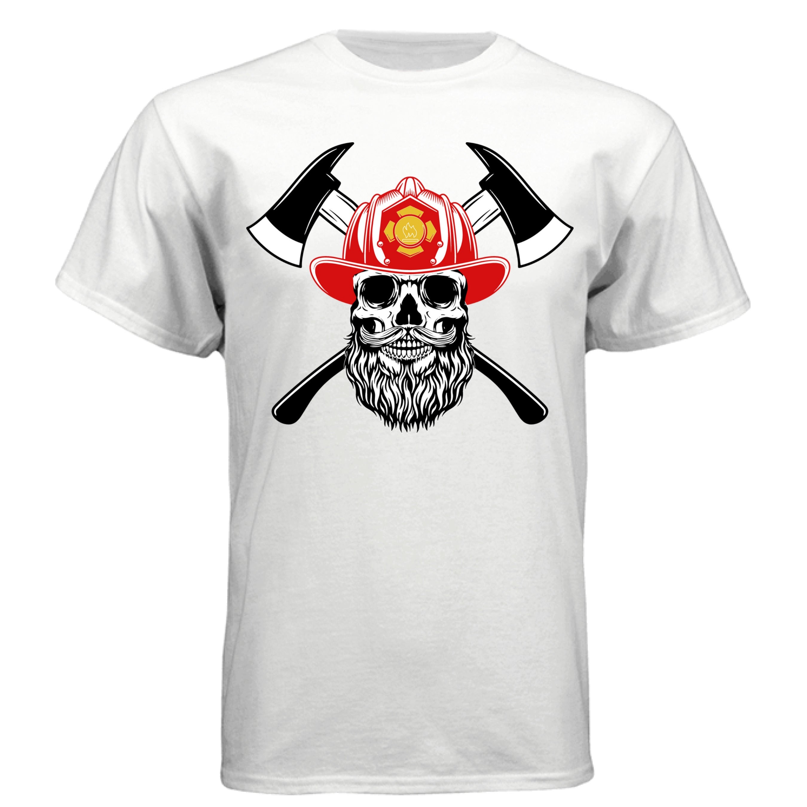 Firefighter Skull with Bearded Helmet Axes Art Tee Shirt Design WHITE - FRONT