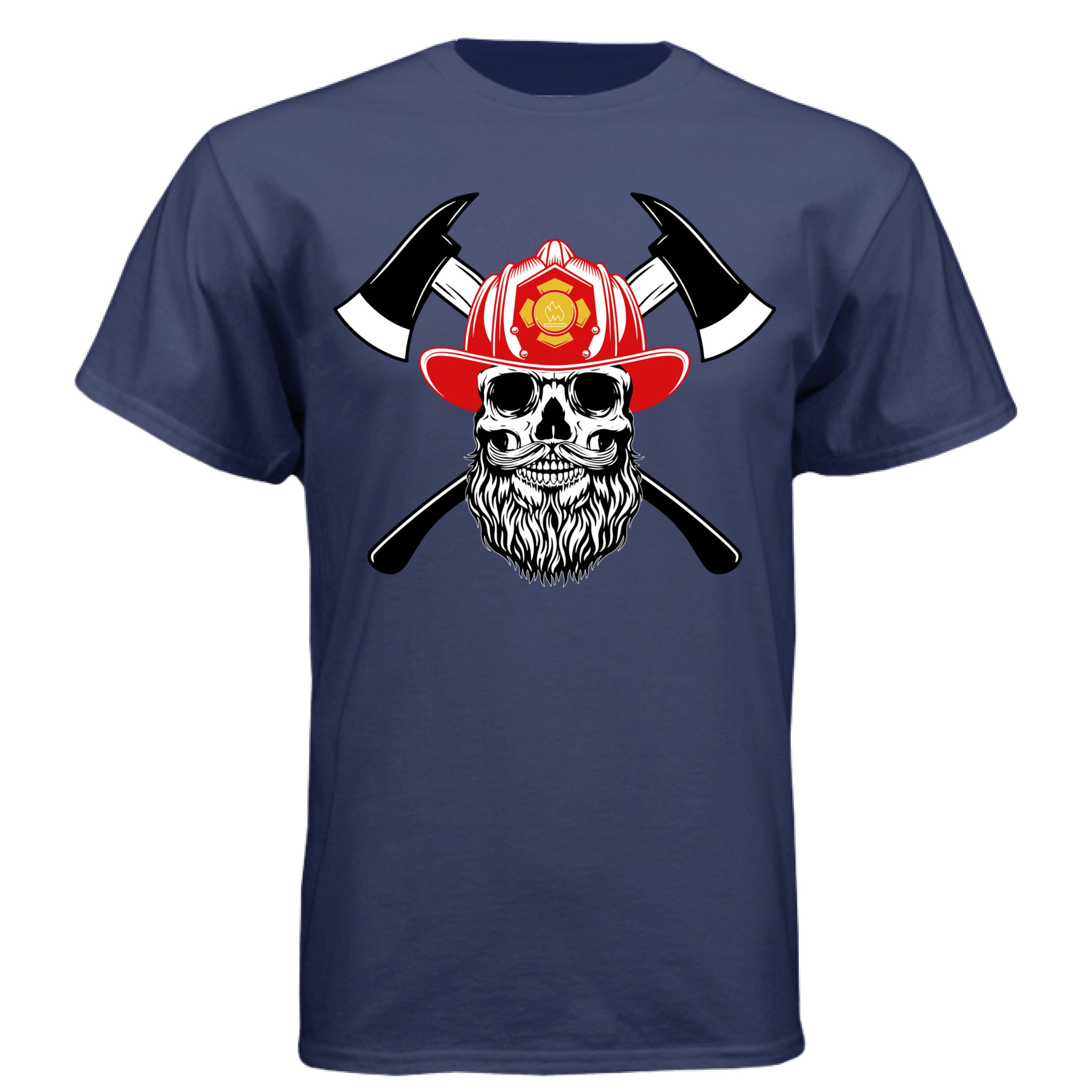 Firefighter Skull with Bearded Helmet Axes Art Tee Shirt Design NAVY - FRONT