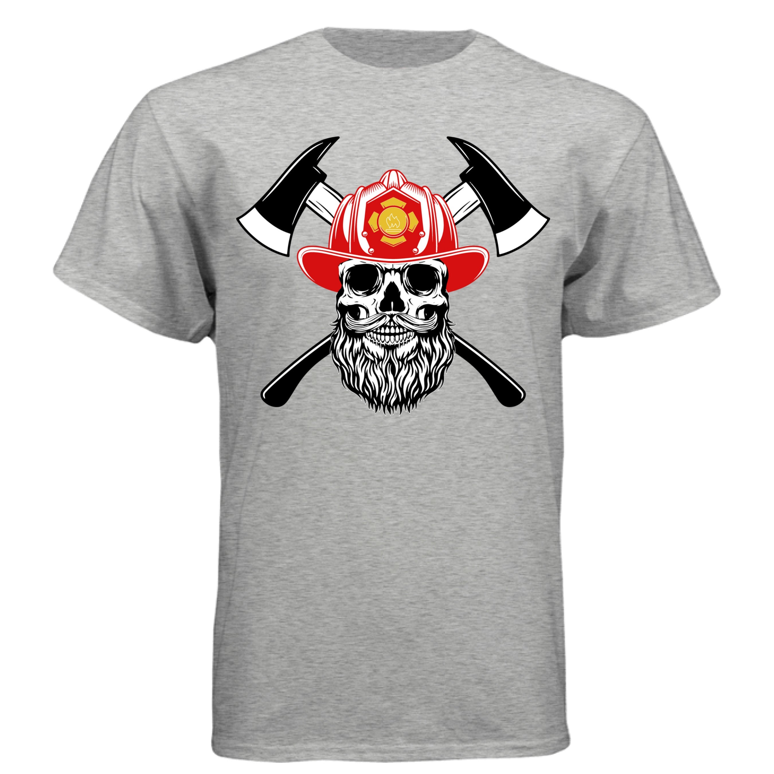 Firefighter Skull with Bearded Helmet Axes Art Tee Shirt Design LIGHT STEEL - FRONT