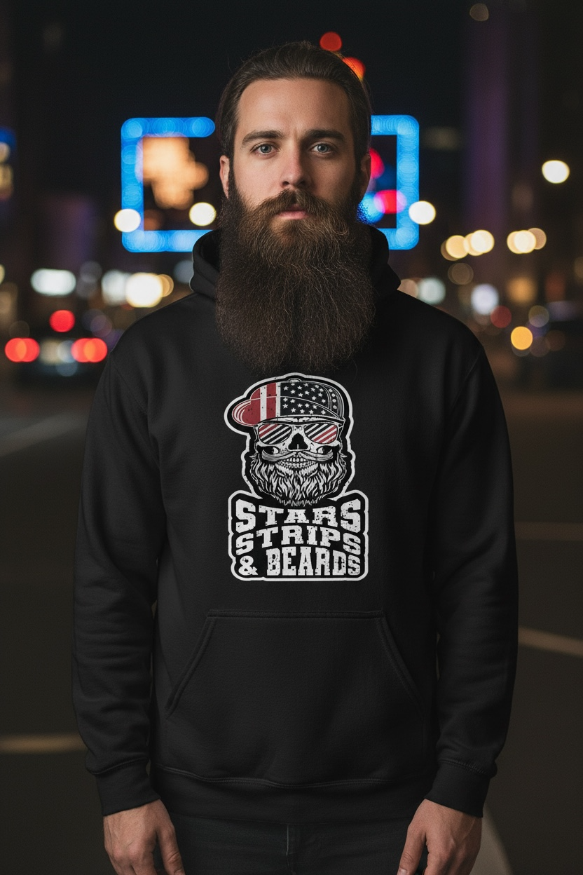Patriotic Bearded Skull Art with Beard and Flag Reflections Hoodie