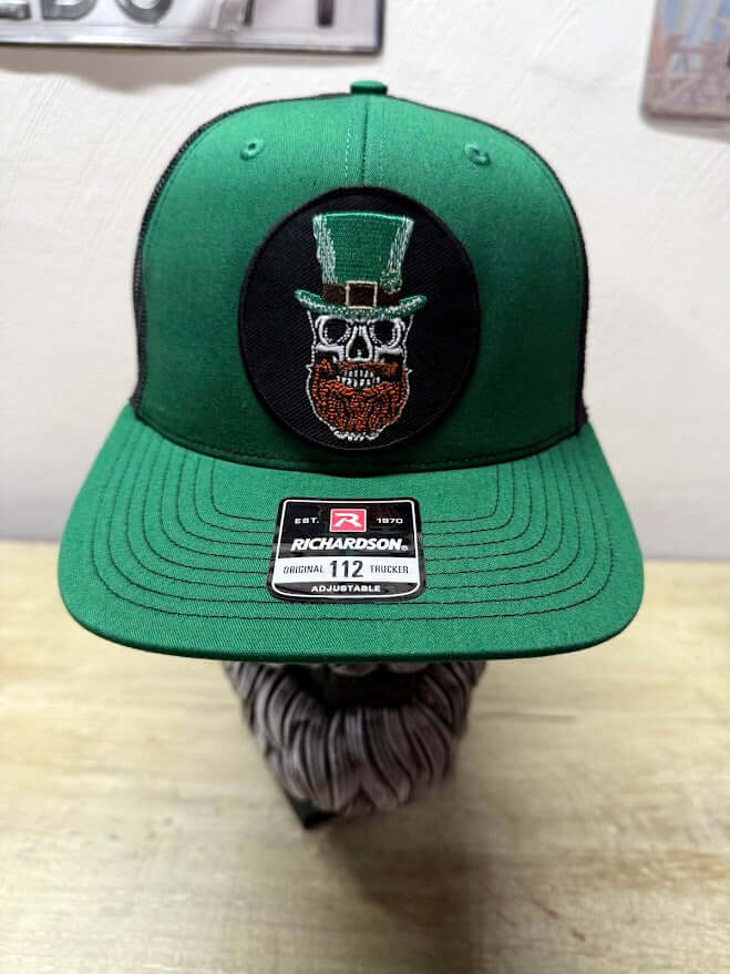 St. Patty Beard Skull Trucker Hat - Unique St. Patrick's Day Accessories. Green Color