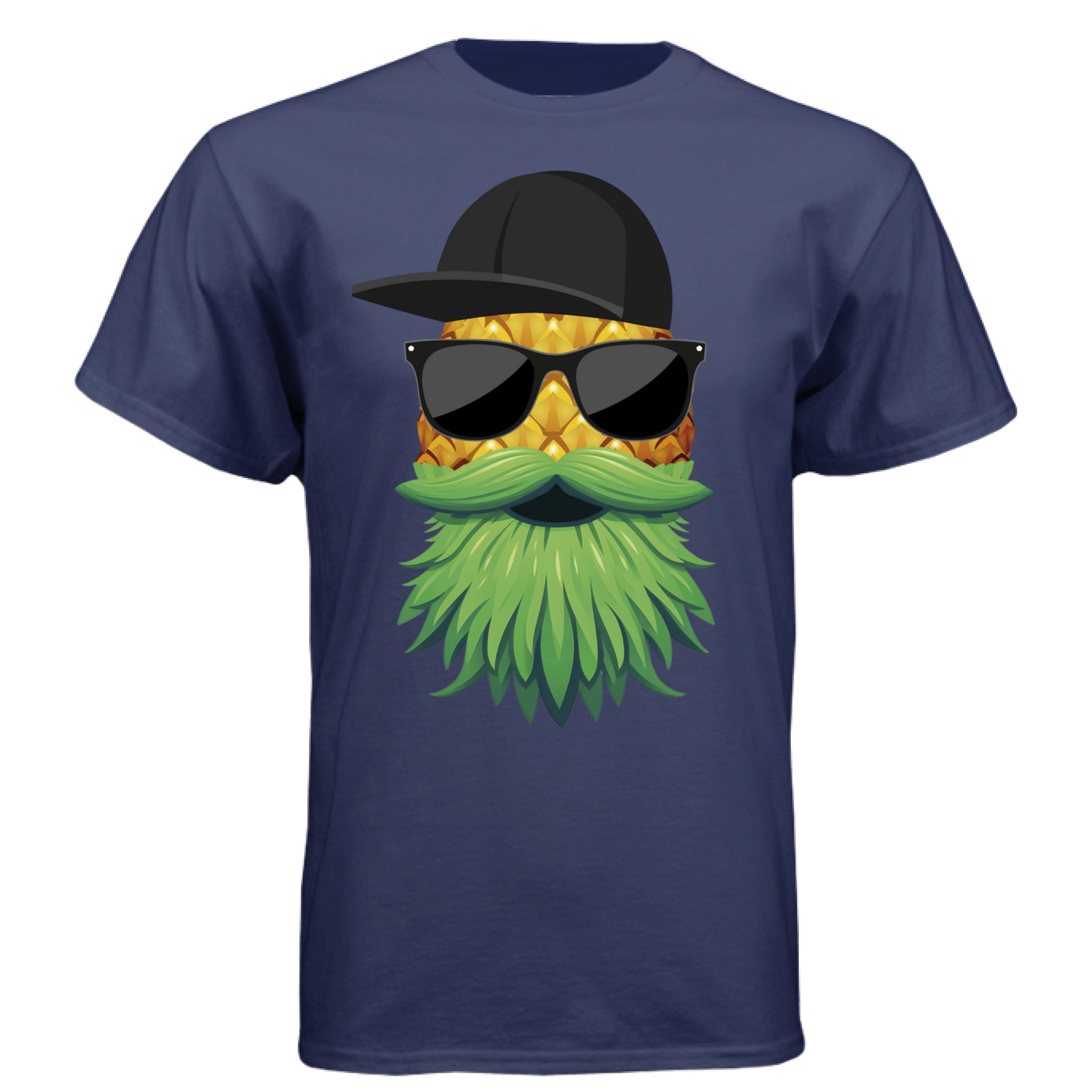 Tropical Swagger Bearded Cool Pineapple Character Tee Shirt with Leafy Beard NAVY - FRONT