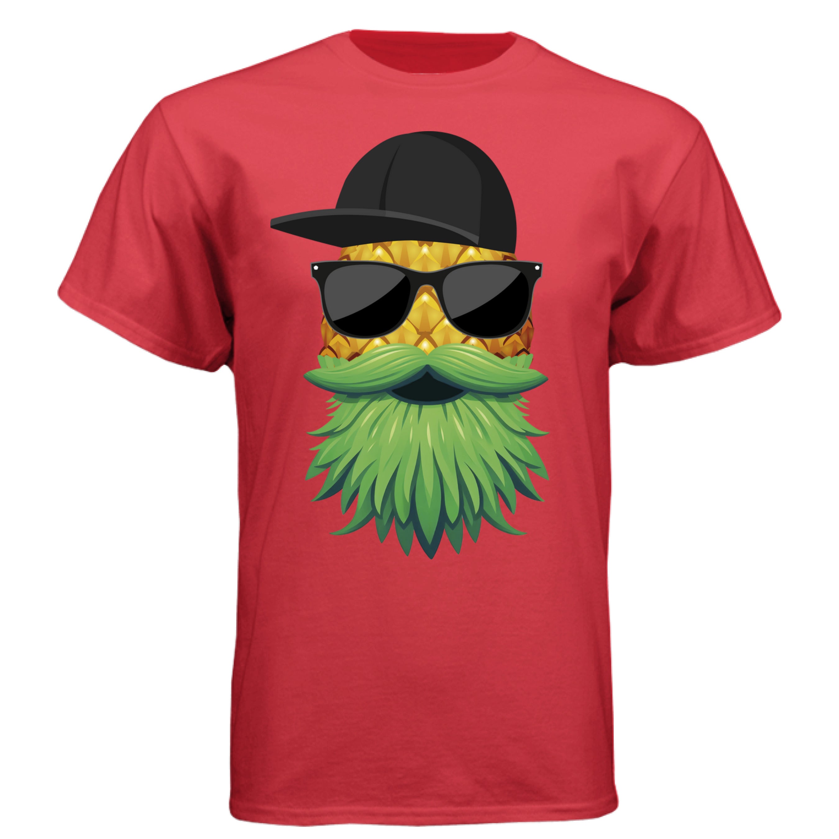 Tropical Swagger Bearded Cool Pineapple Character Tee Shirt with Leafy Beard DEEP RED - FRONT