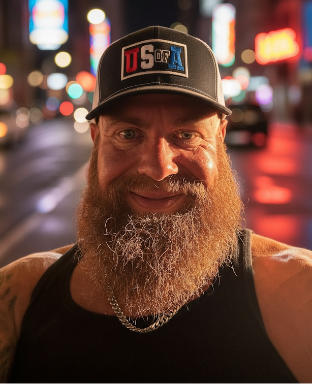 Man with a beard wearing a cap with 'USA' text in an urban night setting with lights.
