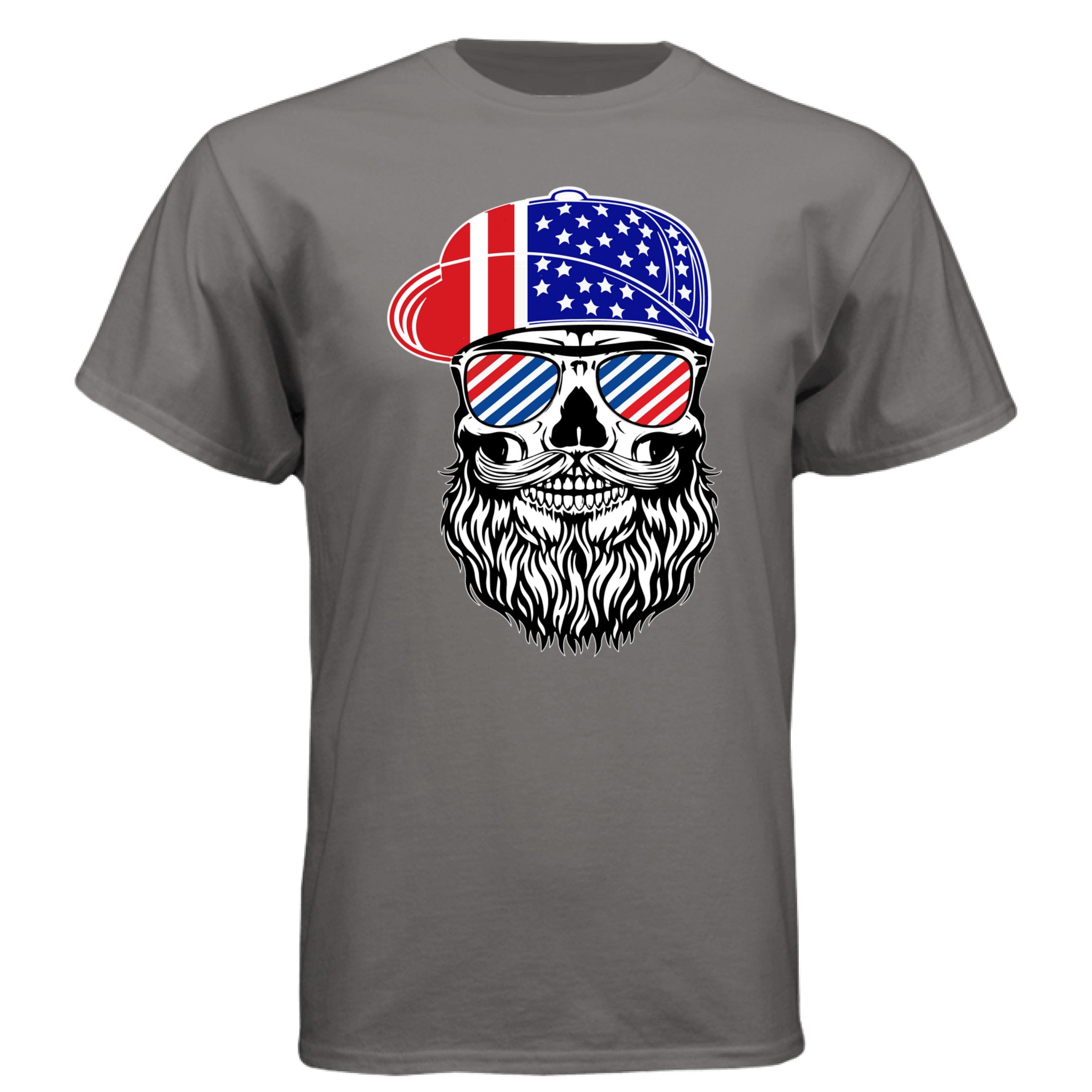 USA Bearded Skull Patriot Hanes Tee Shirt Great For 4th of July Oxford Grey - FRONT