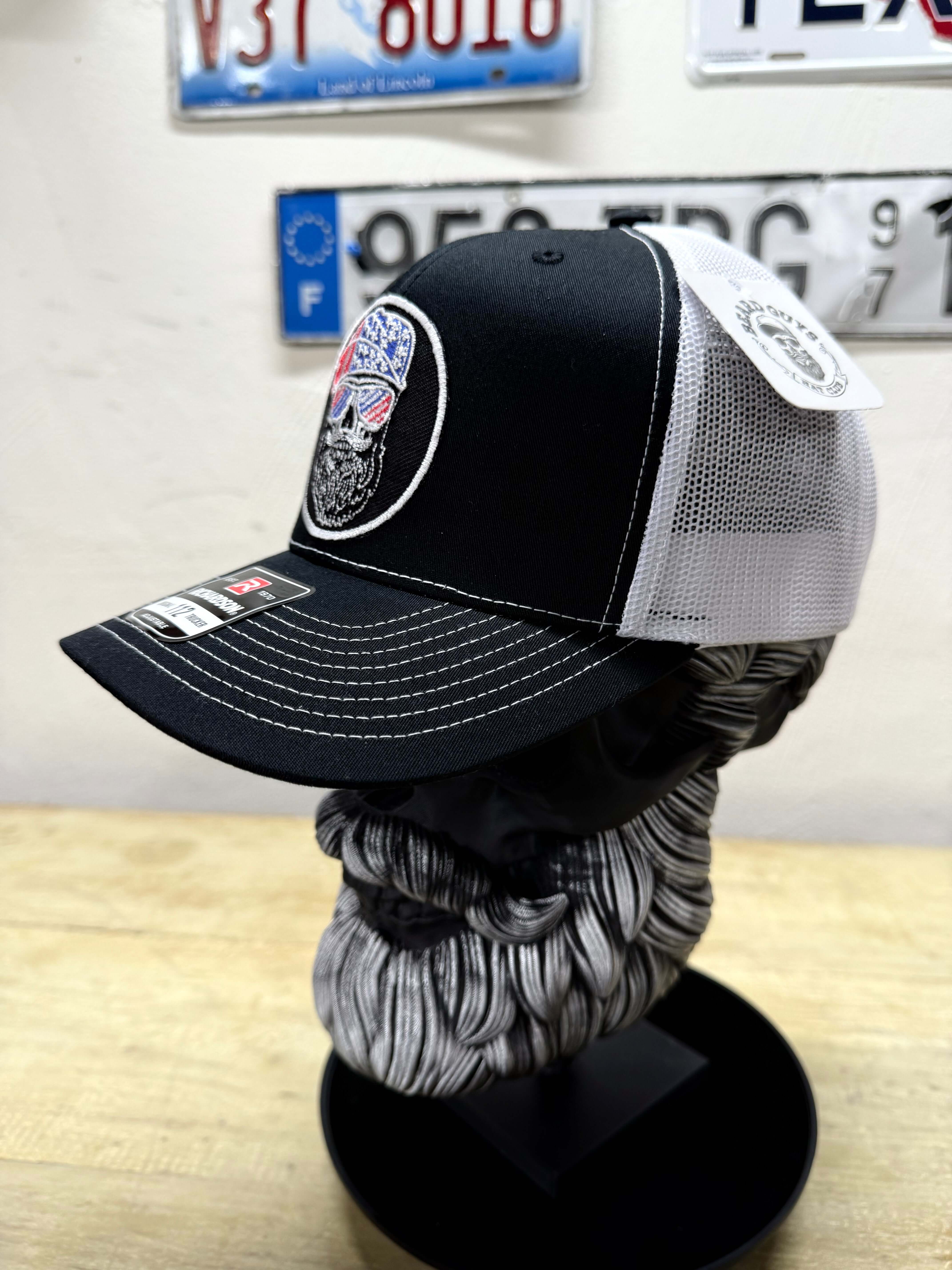 USA Bearded Skull Patriot Patch On Trucker Hat Side