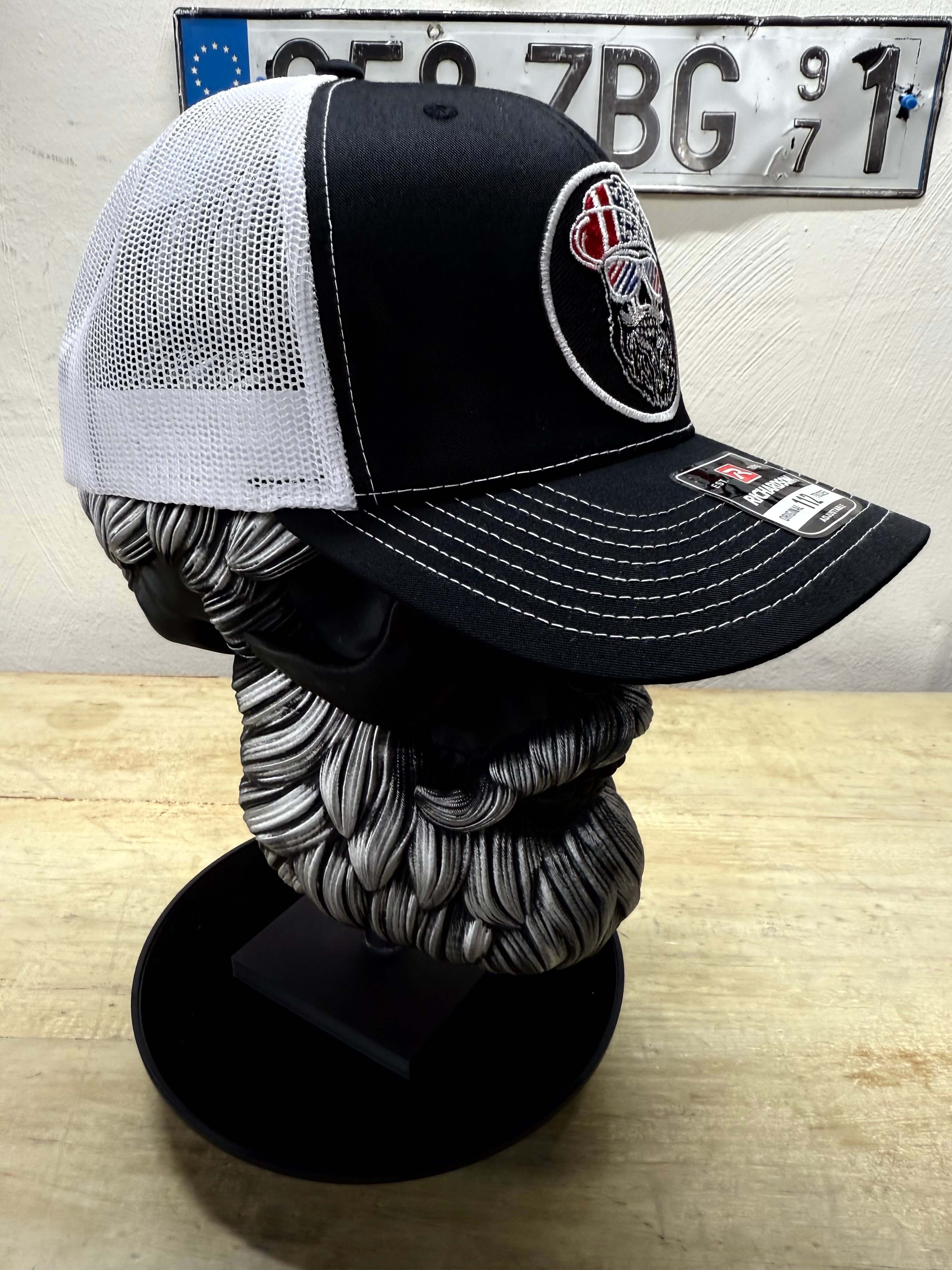 USA Bearded Skull Patriot Patch On Trucker Hat Side 1