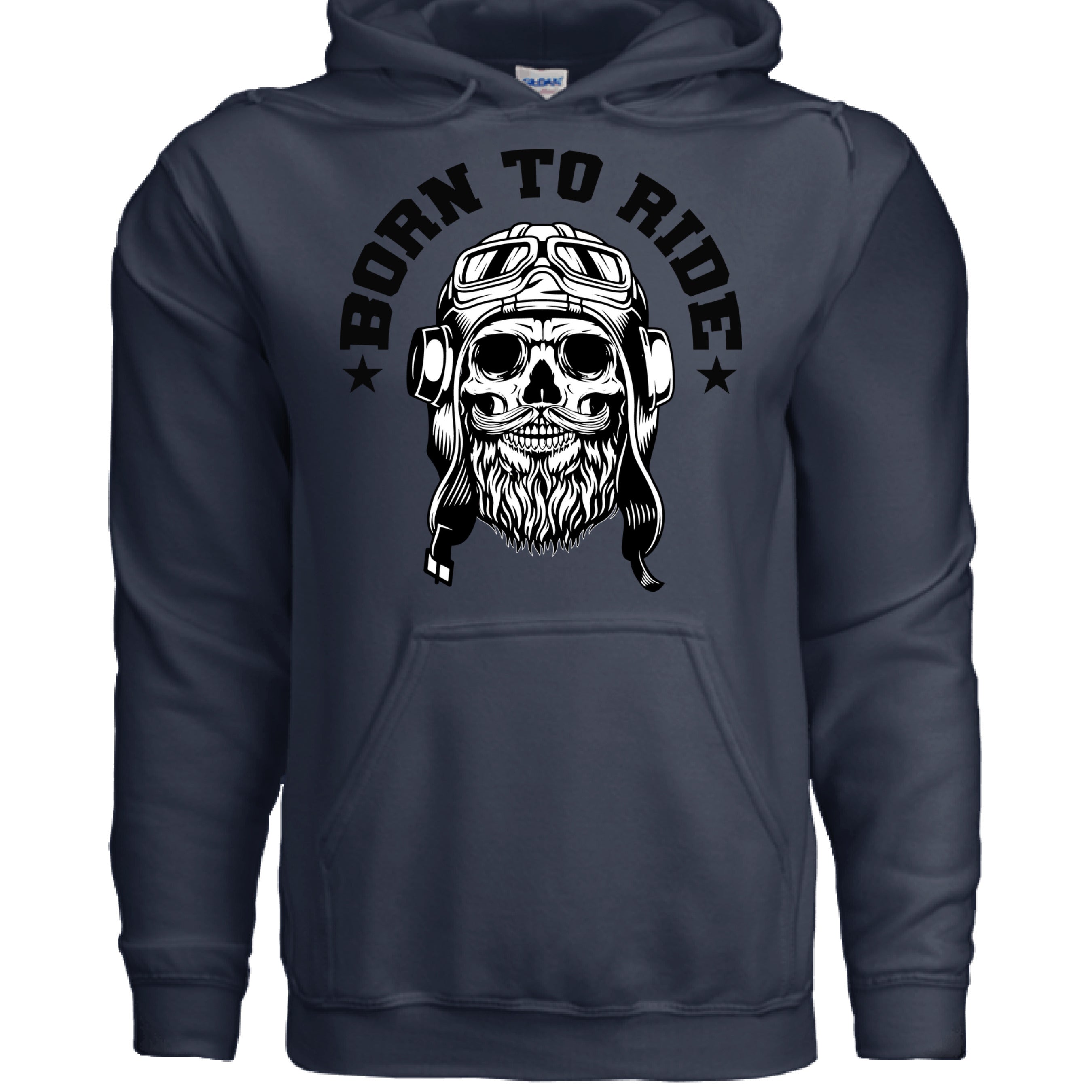 Vintage Skull Rider Hoodie Bearded Biker Art with Helmet & Goggles NAVY - FRONT