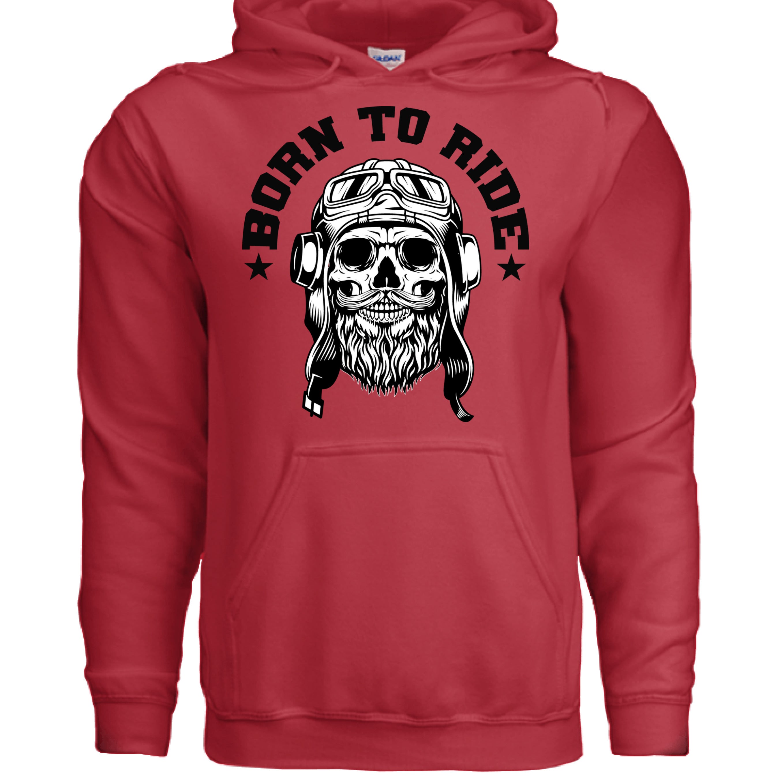 Vintage Skull Rider Hoodie Bearded Biker Art with Helmet & Goggles RED - FRONT