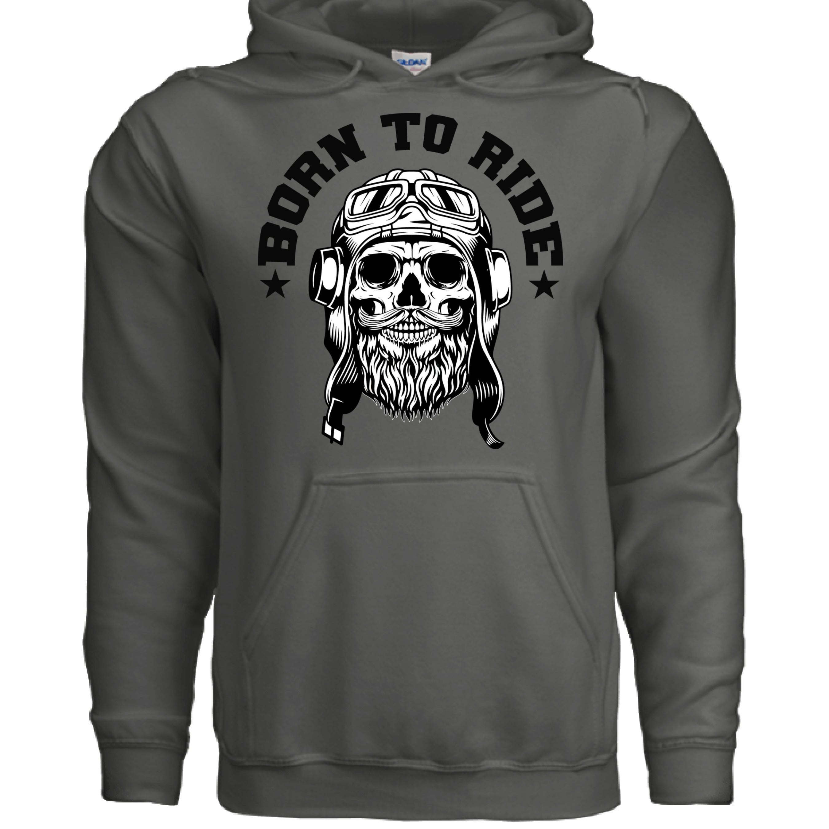 Vintage Skull Rider Hoodie Bearded Biker Art with Helmet & Goggles CHARCOAL - FRONT