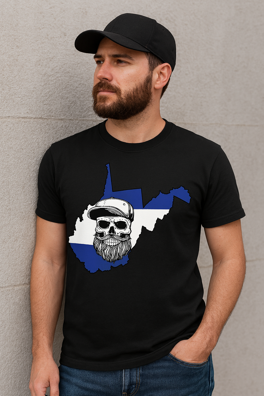 West Virginia Bearded Skull– Blue & White Striped State Outline