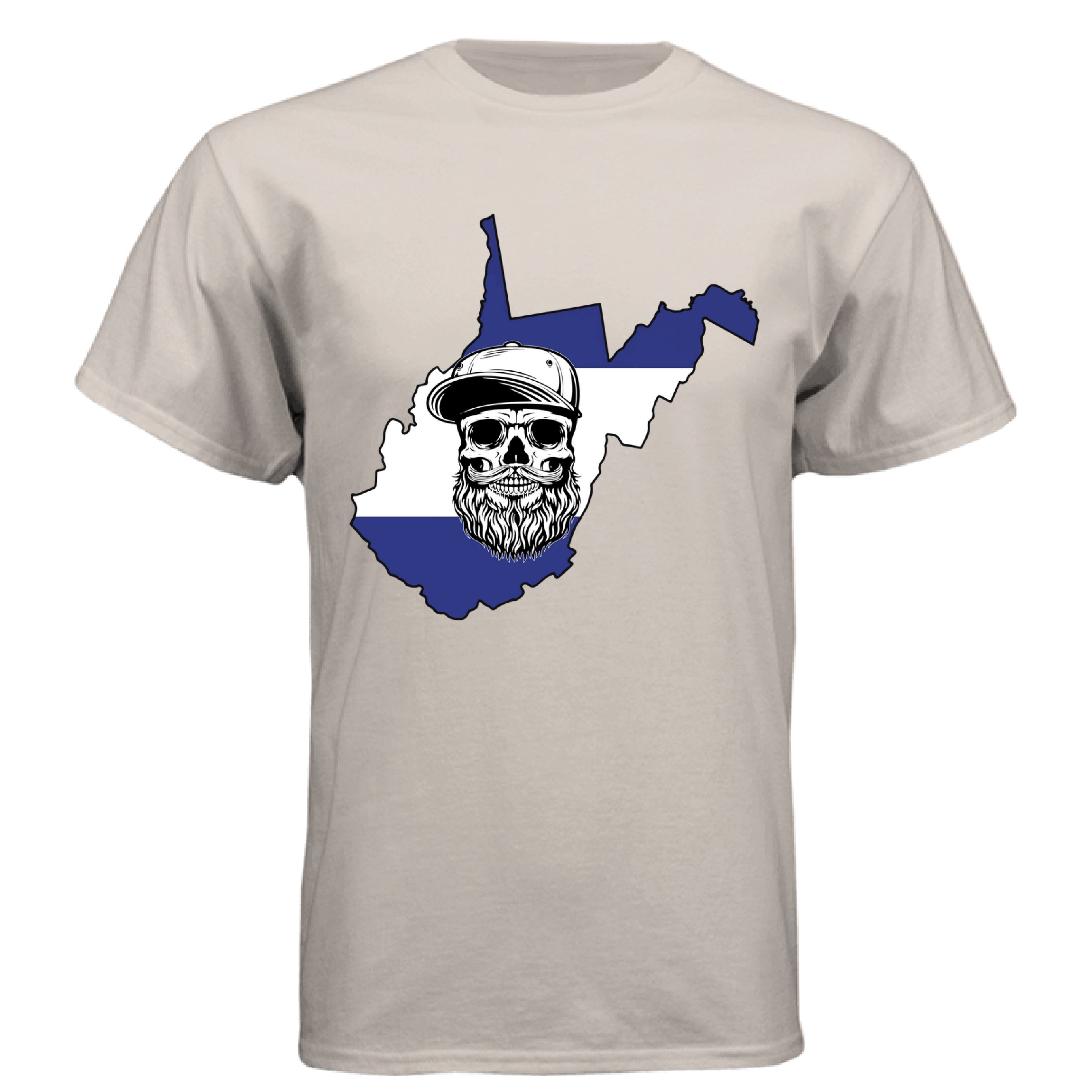 West Virginia Bearded Skull– Blue & White Striped State Outline 
SAND - FRONT