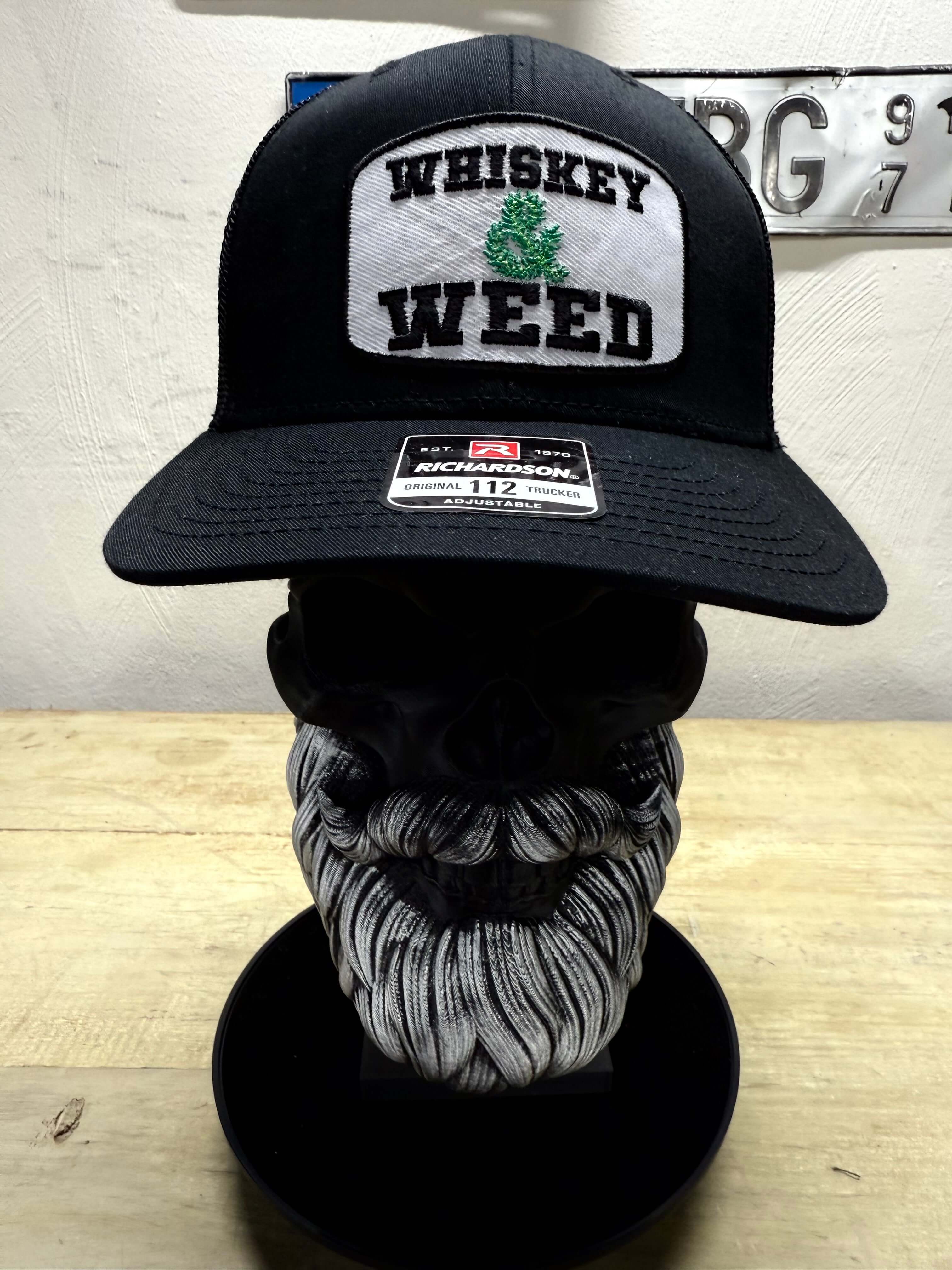 Whiskey and Weed Trucker Hat Embroidered Patch Front