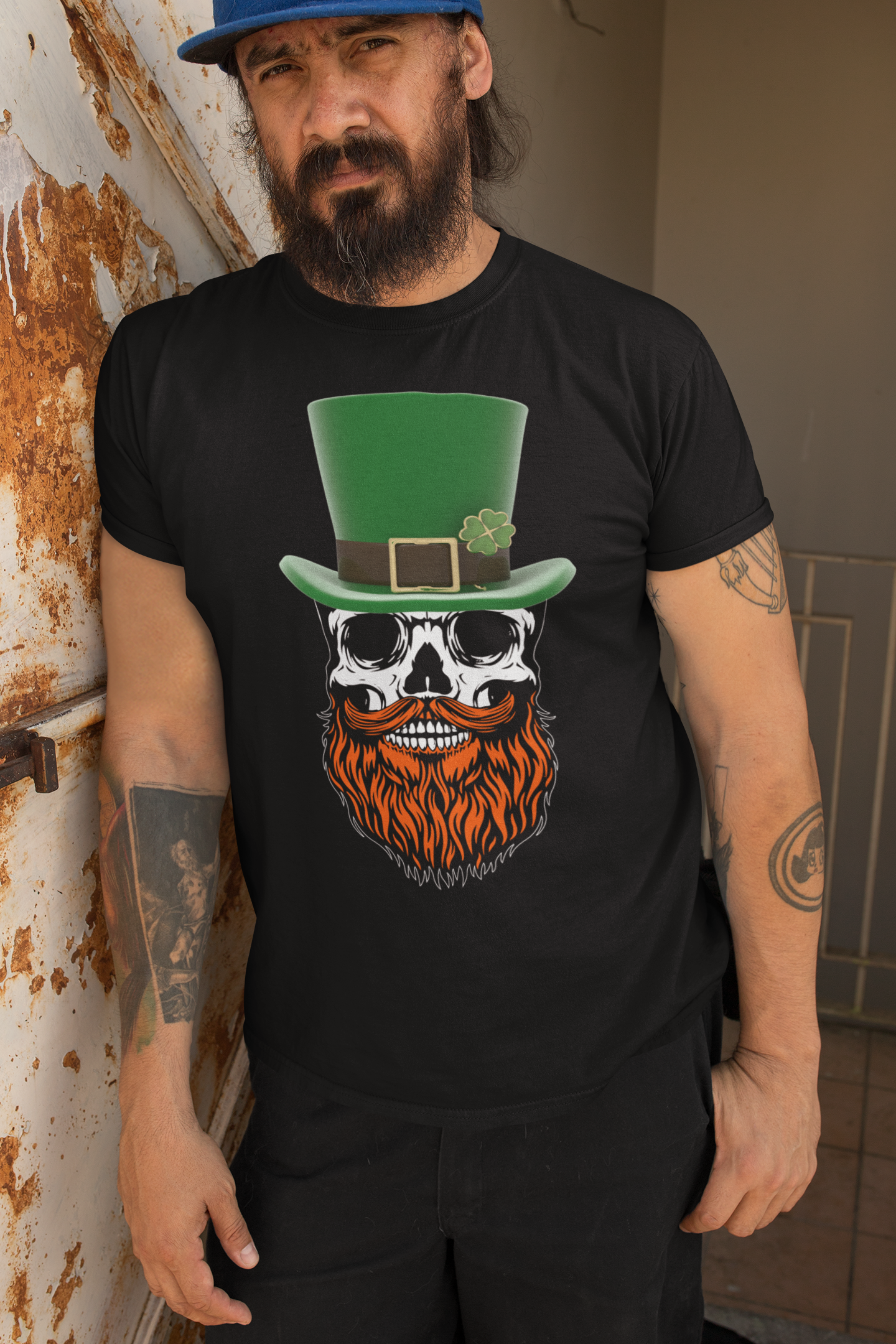 St Patty Skull Beard Guy Tee Shirt  Lucky Bearded Skull Graphic Shirt
