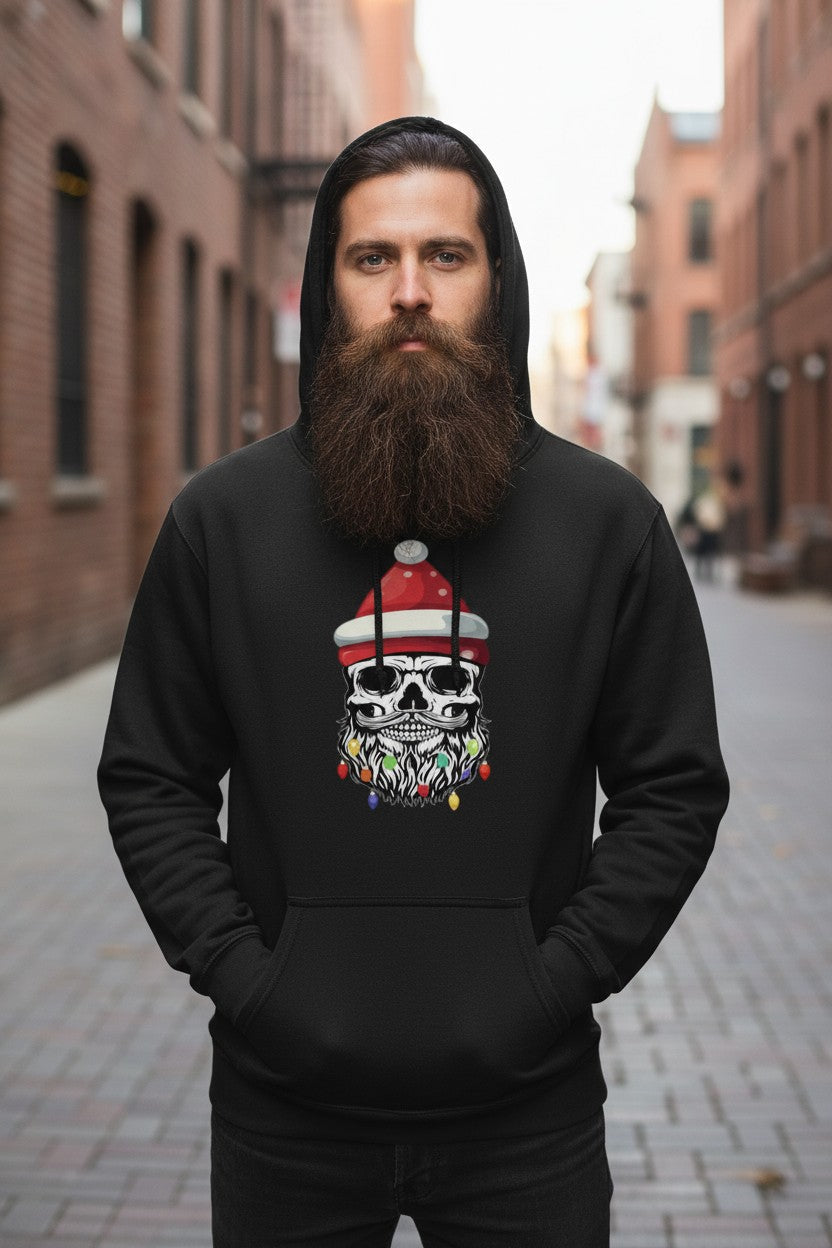 Bearded Skull Christmas Hoodie Festive Beard with Holiday Lights